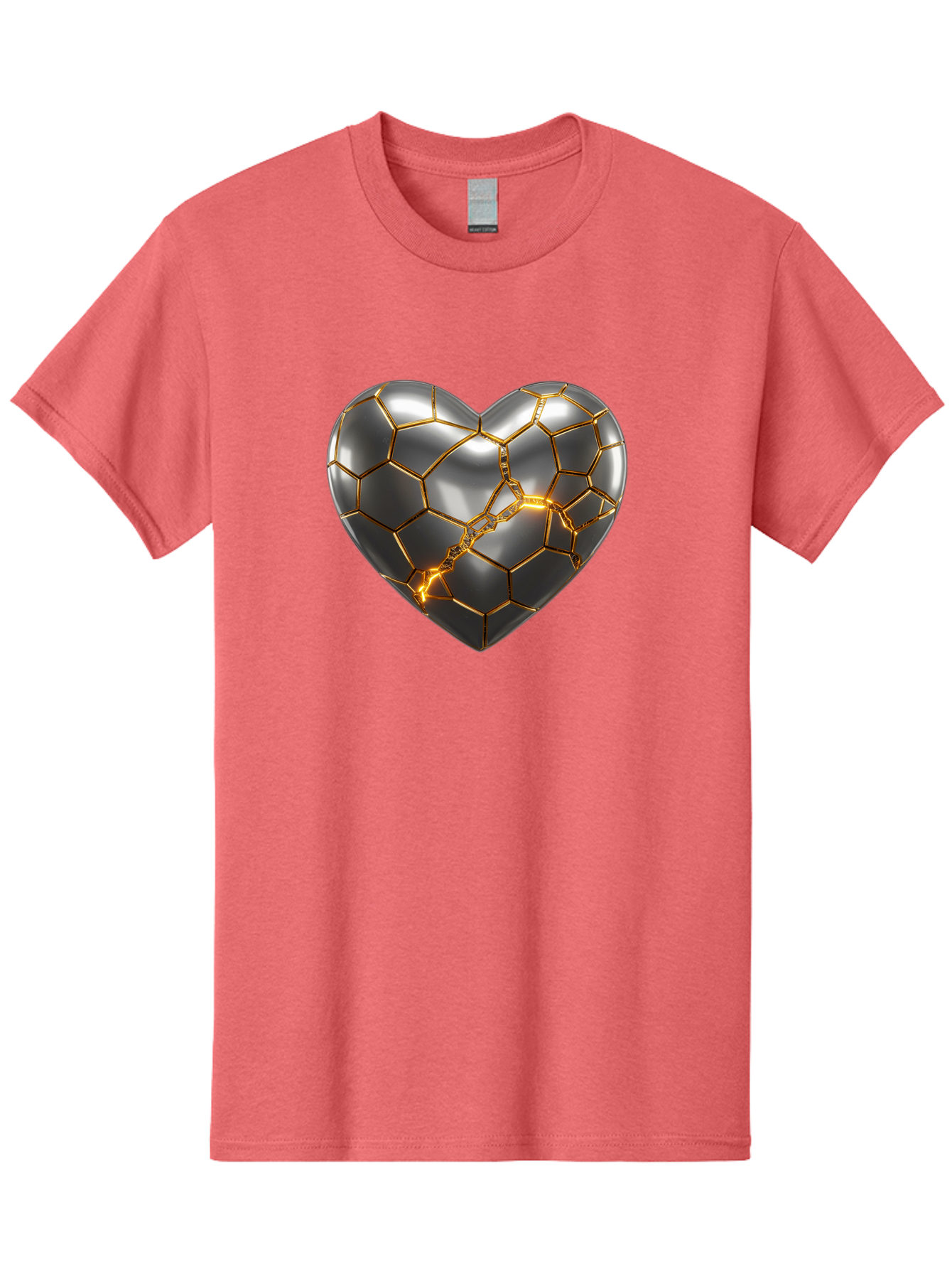Kintsugi-Heart Men'S Graphic Tee, 100% Cotton, Comfortable Casual Summer Wear, Machine Washable, Kintsugi, Broken Heart, Repaired With Gold, Metal Heart, Shiny, Reflective, 3D Illustration, Unique Art, Creative Design, Heart Shape, Bae064