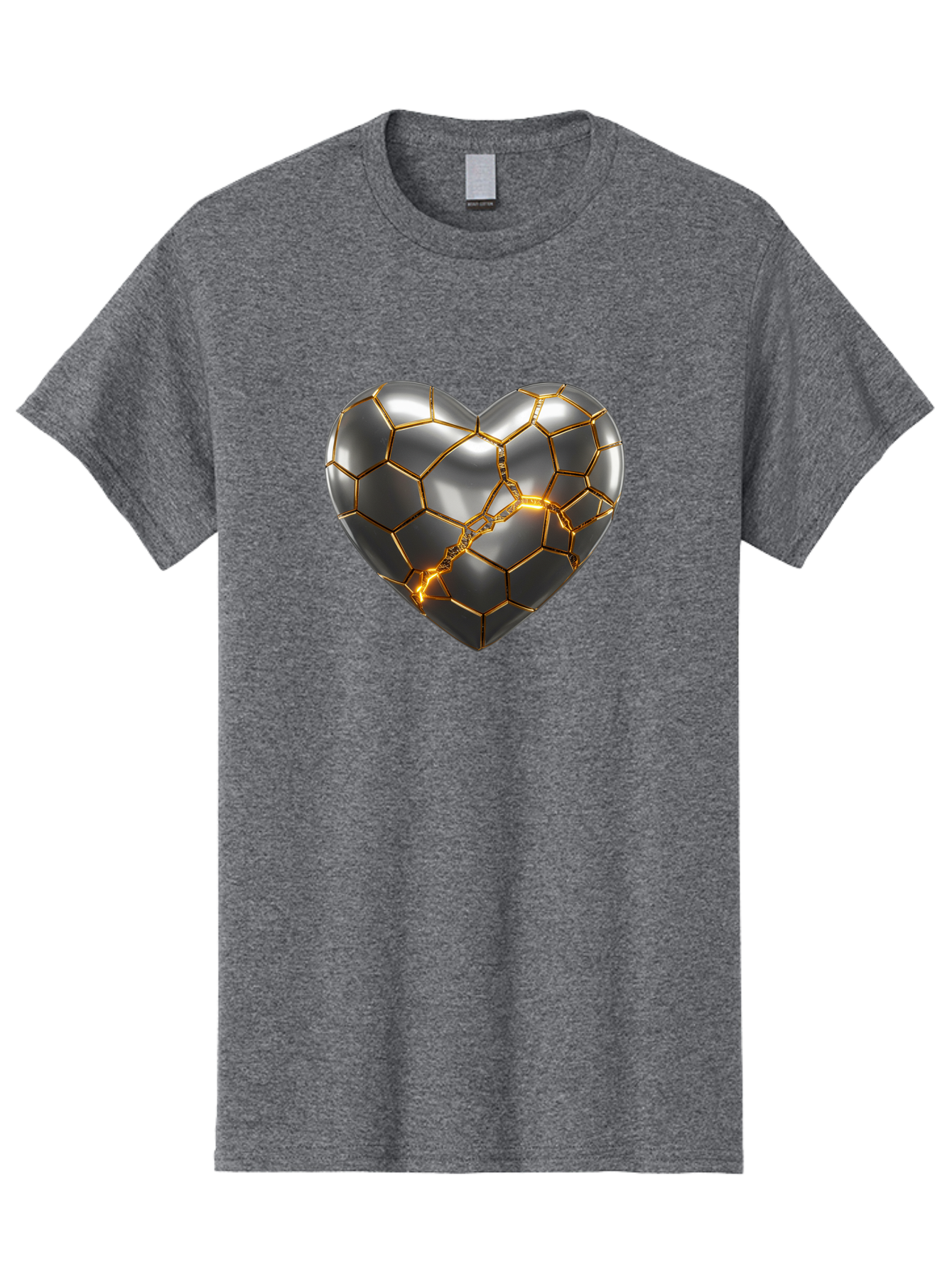 Kintsugi-Heart Men'S Graphic Tee, 100% Cotton, Comfortable Casual Summer Wear, Machine Washable, Kintsugi, Broken Heart, Repaired With Gold, Metal Heart, Shiny, Reflective, 3D Illustration, Unique Art, Creative Design, Heart Shape, Bae064