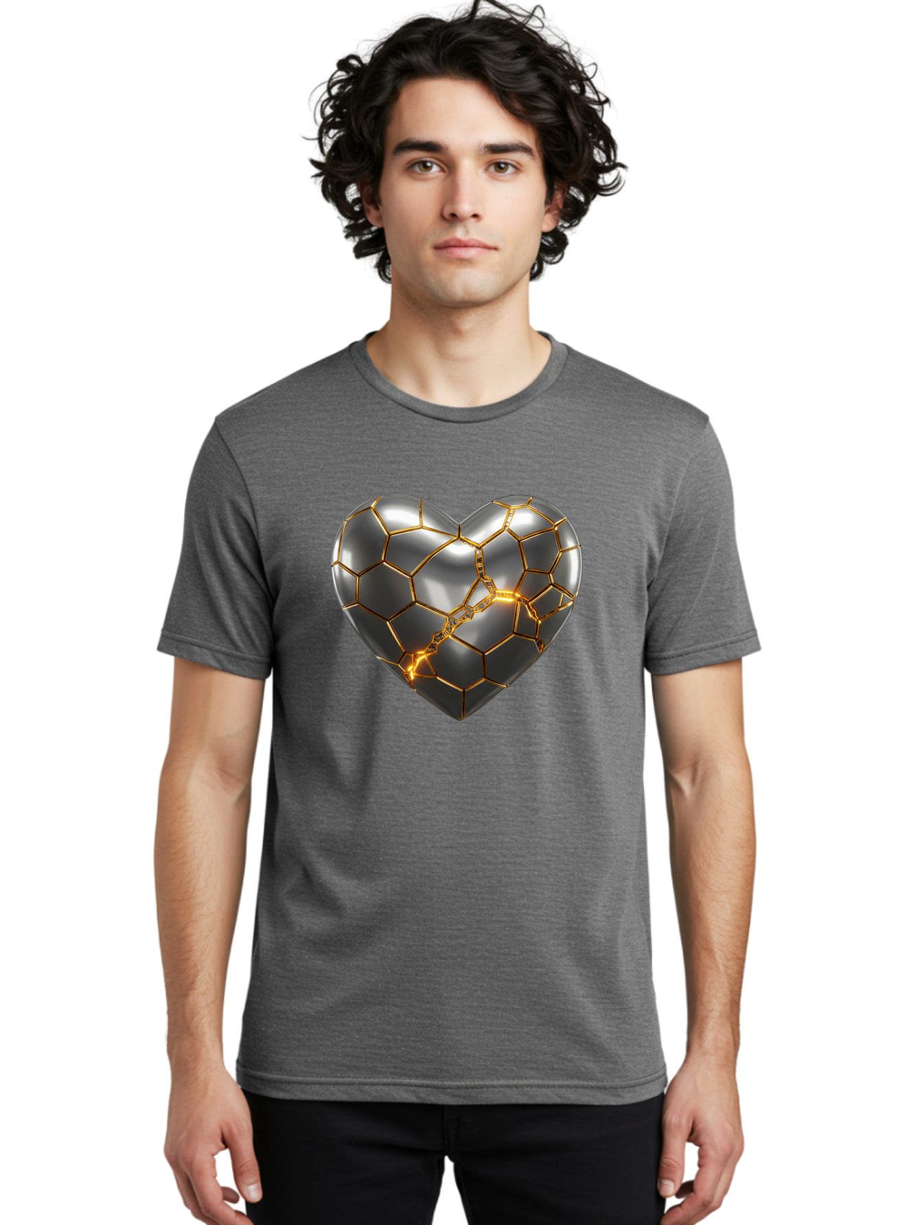 Kintsugi-Heart Men'S Graphic Tee, 100% Cotton, Comfortable Casual Summer Wear, Machine Washable, Kintsugi, Broken Heart, Repaired With Gold, Metal Heart, Shiny, Reflective, 3D Illustration, Unique Art, Creative Design, Heart Shape, Bae064