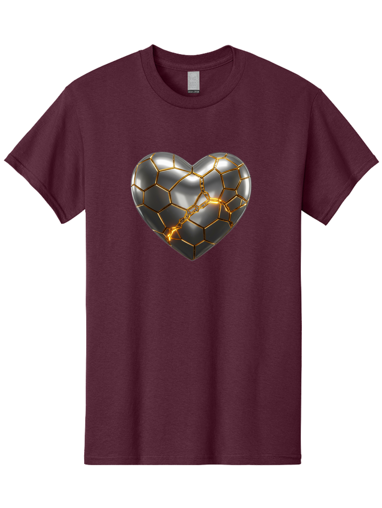 Kintsugi-Heart Men'S Graphic Tee, 100% Cotton, Comfortable Casual Summer Wear, Machine Washable, Kintsugi, Broken Heart, Repaired With Gold, Metal Heart, Shiny, Reflective, 3D Illustration, Unique Art, Creative Design, Heart Shape, Bae064