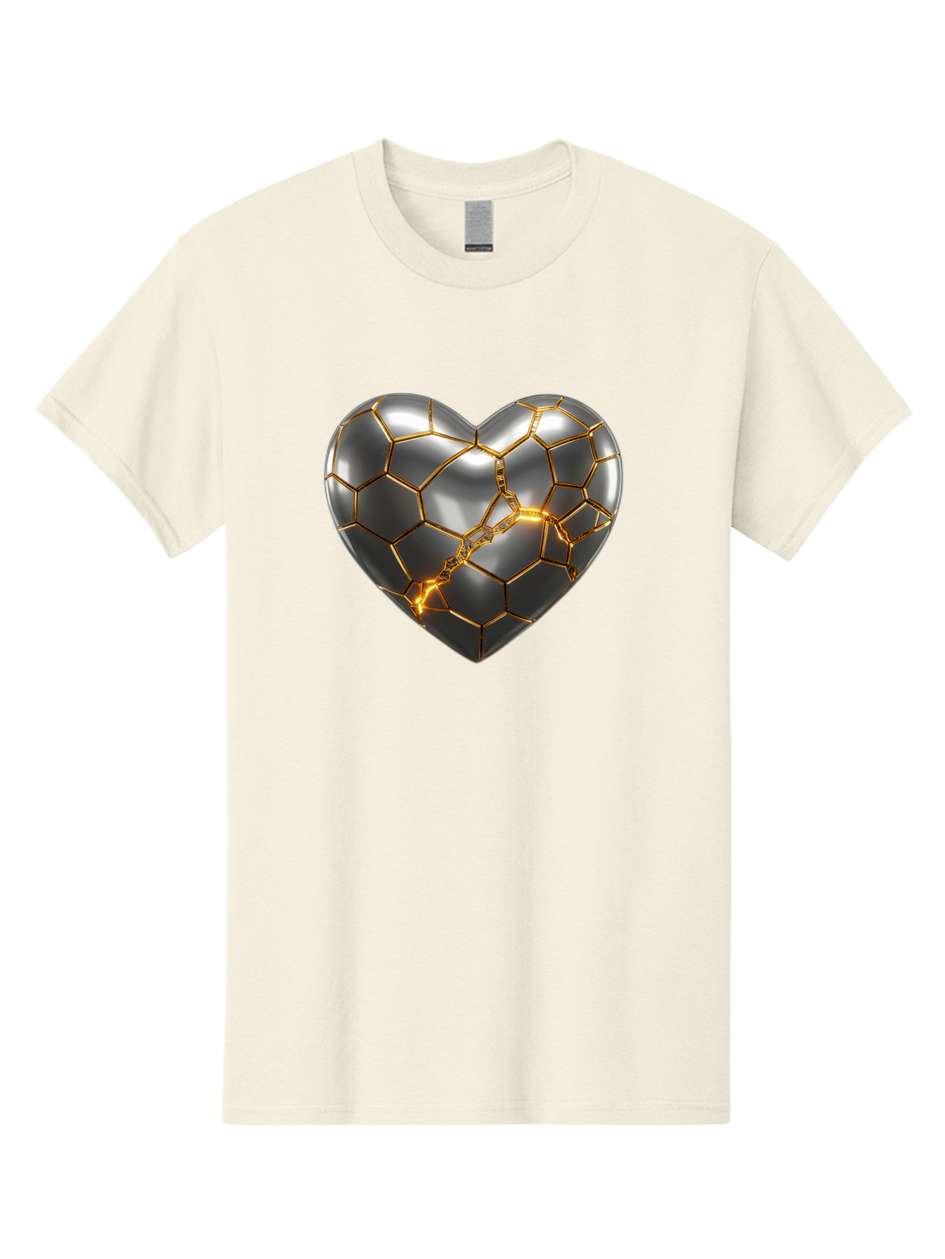Kintsugi-Heart Men'S Graphic Tee, 100% Cotton, Comfortable Casual Summer Wear, Machine Washable, Kintsugi, Broken Heart, Repaired With Gold, Metal Heart, Shiny, Reflective, 3D Illustration, Unique Art, Creative Design, Heart Shape, Bae064