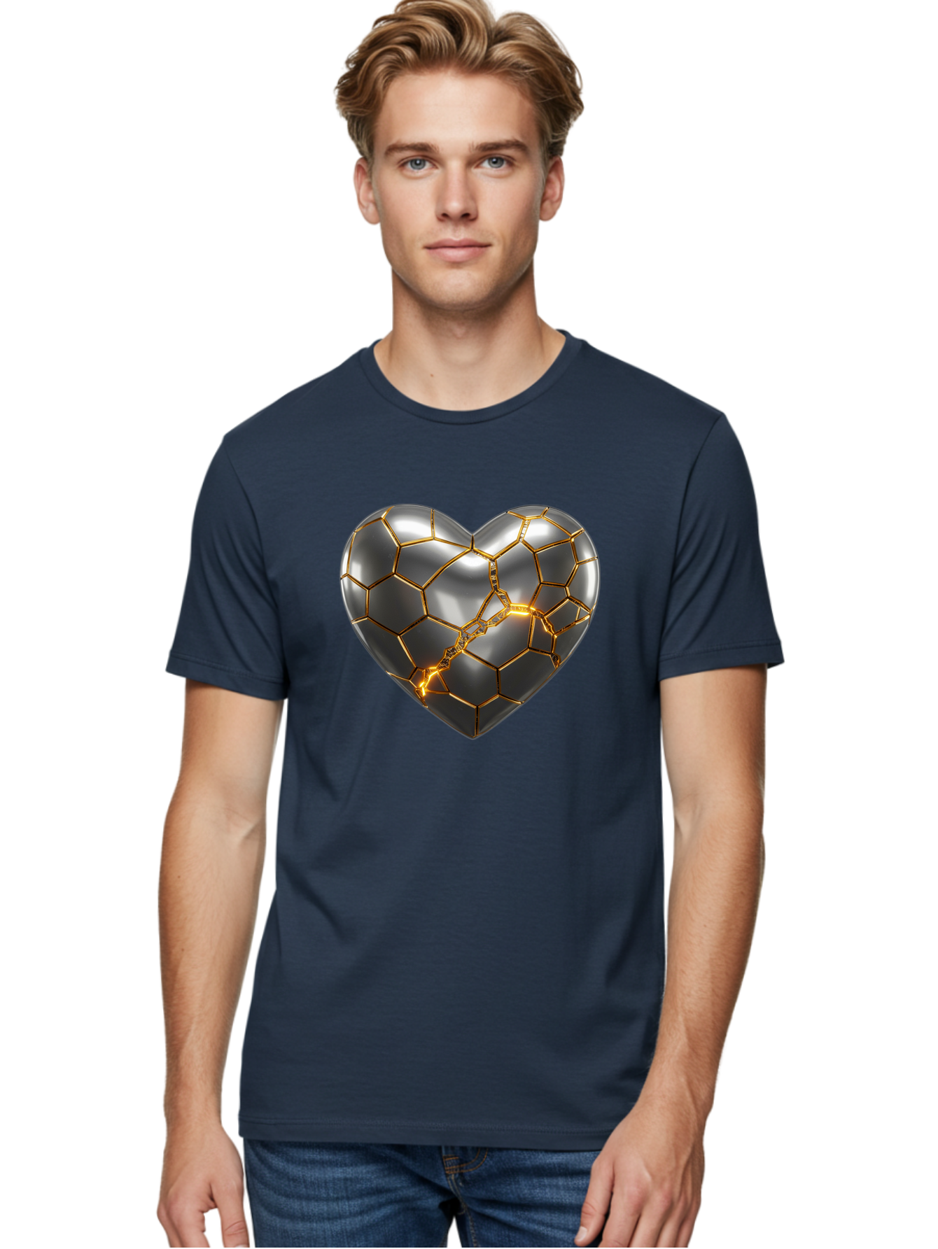 Kintsugi-Heart Men'S Graphic Tee, 100% Cotton, Comfortable Casual Summer Wear, Machine Washable, Kintsugi, Broken Heart, Repaired With Gold, Metal Heart, Shiny, Reflective, 3D Illustration, Unique Art, Creative Design, Heart Shape, Bae064