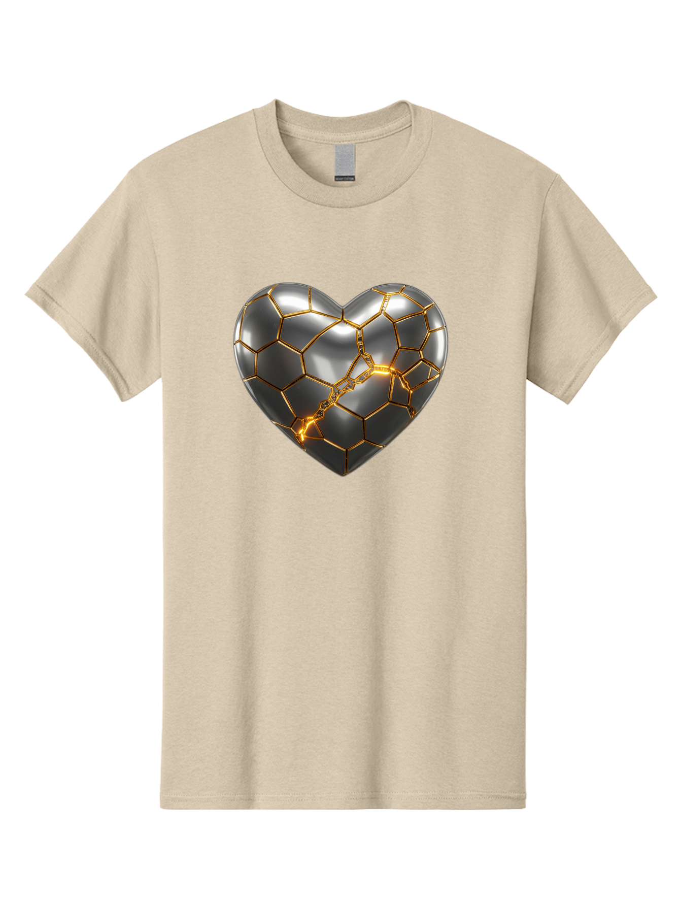 Kintsugi-Heart Men'S Graphic Tee, 100% Cotton, Comfortable Casual Summer Wear, Machine Washable, Kintsugi, Broken Heart, Repaired With Gold, Metal Heart, Shiny, Reflective, 3D Illustration, Unique Art, Creative Design, Heart Shape, Bae064