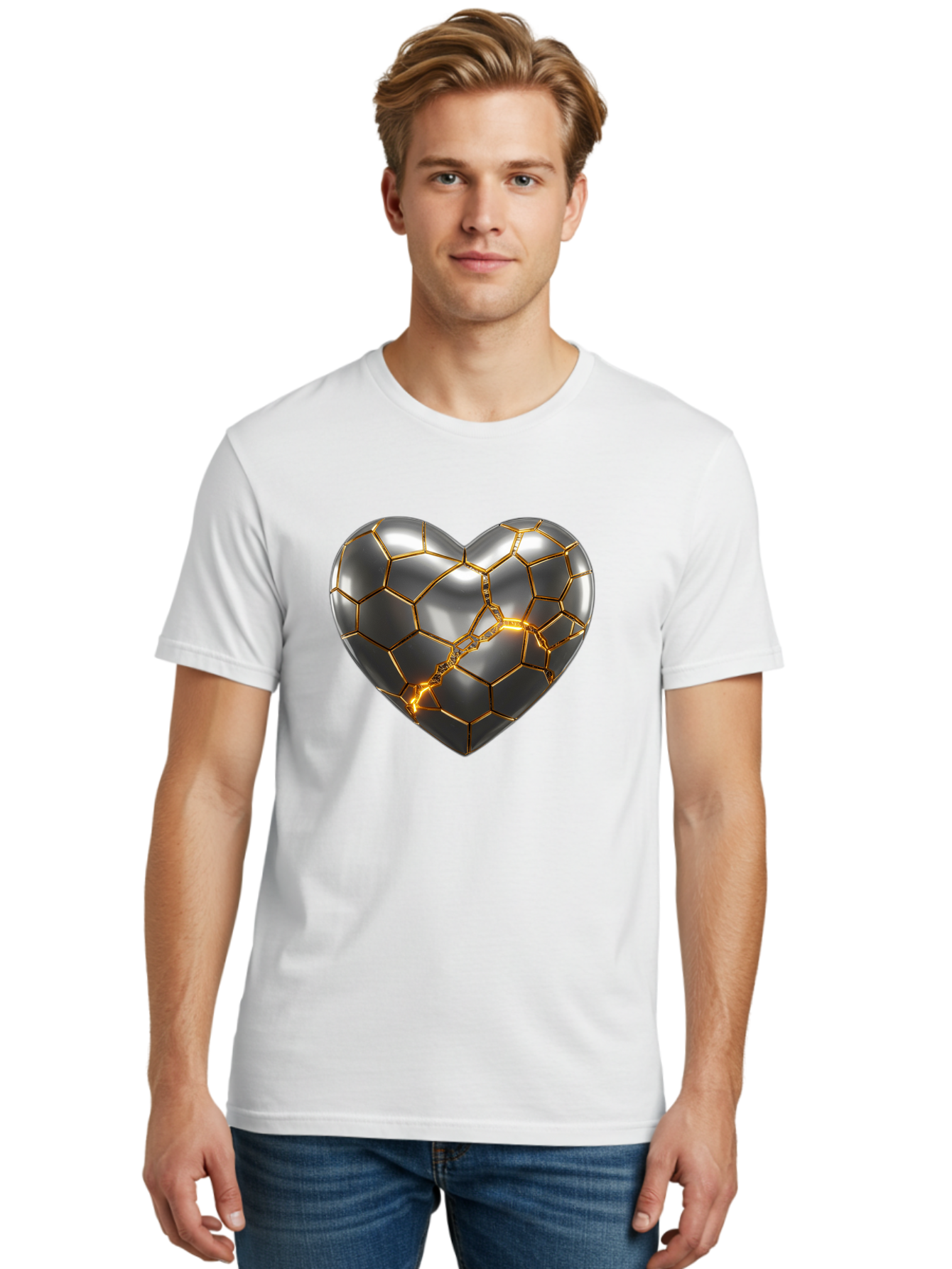 Kintsugi-Heart Men'S Graphic Tee, 100% Cotton, Comfortable Casual Summer Wear, Machine Washable, Kintsugi, Broken Heart, Repaired With Gold, Metal Heart, Shiny, Reflective, 3D Illustration, Unique Art, Creative Design, Heart Shape, Bae064