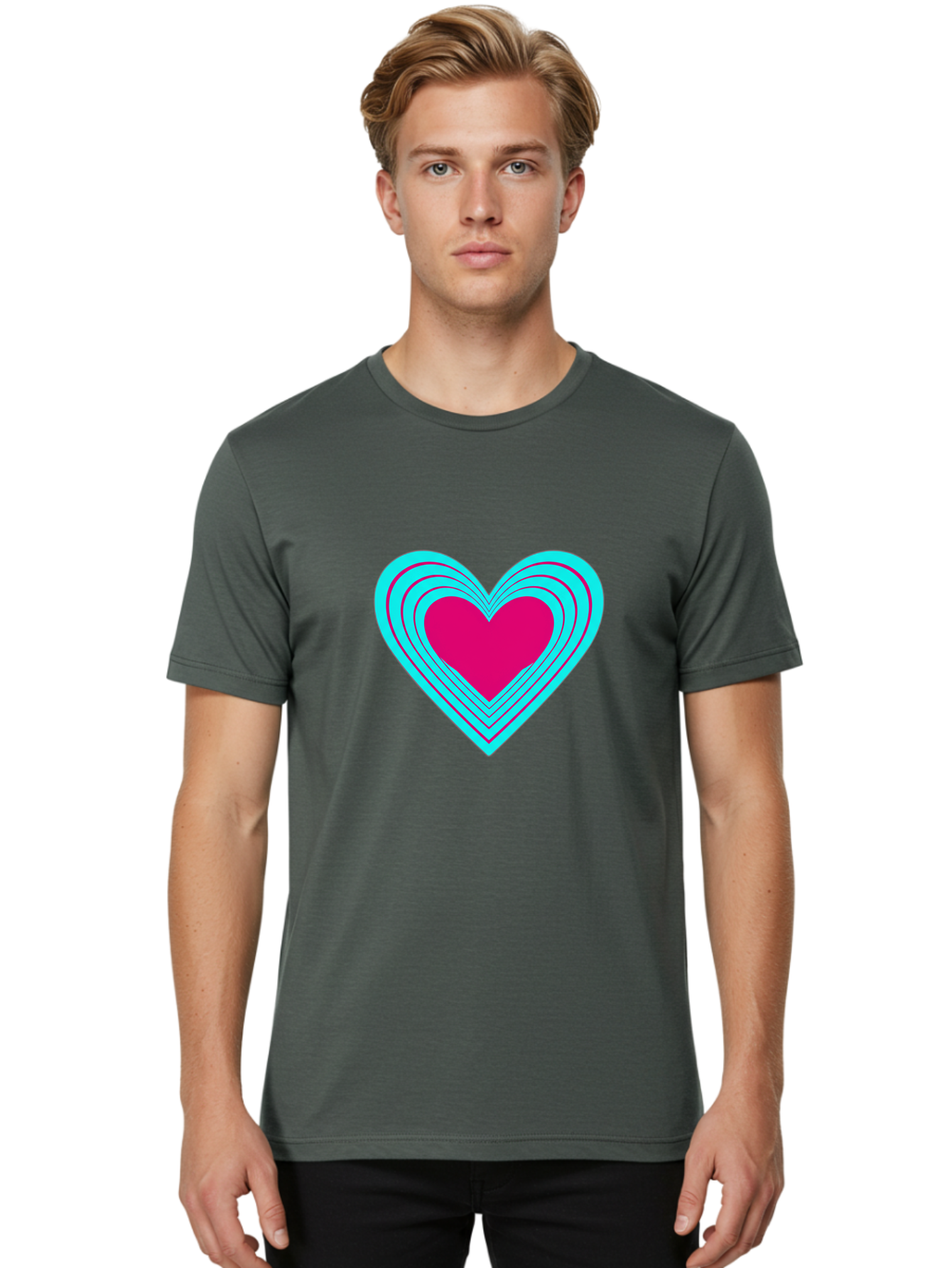 Layered-Heart Men'S Graphic Tee, 100% Cotton, Comfortable Casual Summer Wear, Machine Washable, Layered Heart, Pink And Blue Heart, Love Symbol, Valentine'S Day, Heart Shape, Digital Art, Graphic Design, Layered Effect Bae065