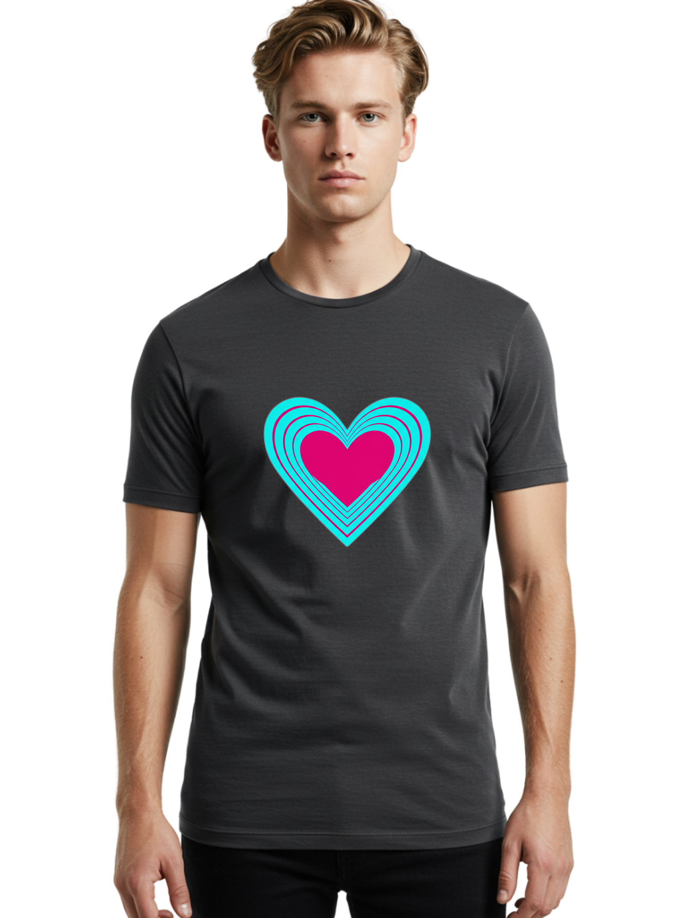 Layered-Heart Men'S Graphic Tee, 100% Cotton, Comfortable Casual Summer Wear, Machine Washable, Layered Heart, Pink And Blue Heart, Love Symbol, Valentine'S Day, Heart Shape, Digital Art, Graphic Design, Layered Effect Bae065