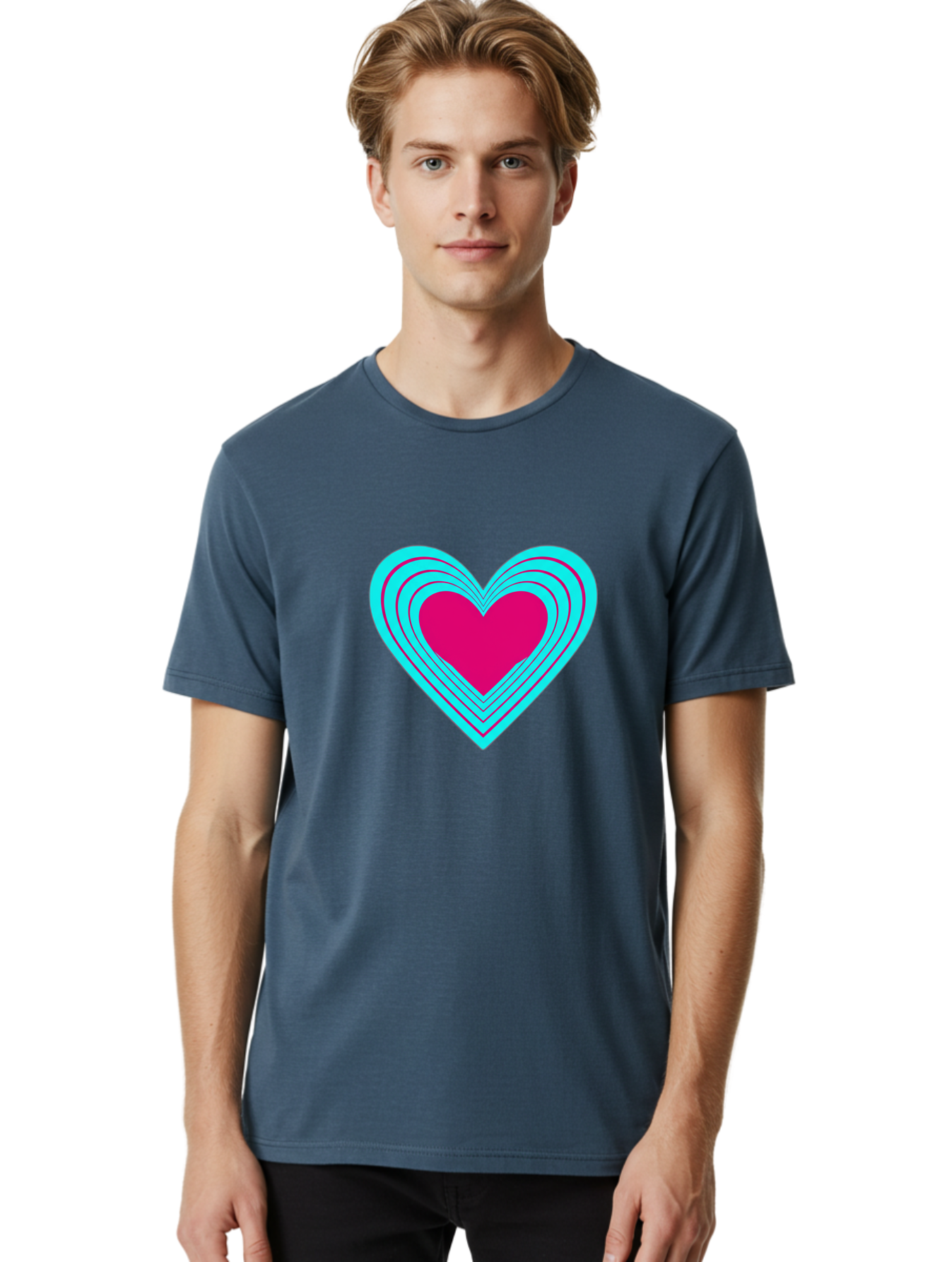Layered-Heart Men'S Graphic Tee, 100% Cotton, Comfortable Casual Summer Wear, Machine Washable, Layered Heart, Pink And Blue Heart, Love Symbol, Valentine'S Day, Heart Shape, Digital Art, Graphic Design, Layered Effect Bae065