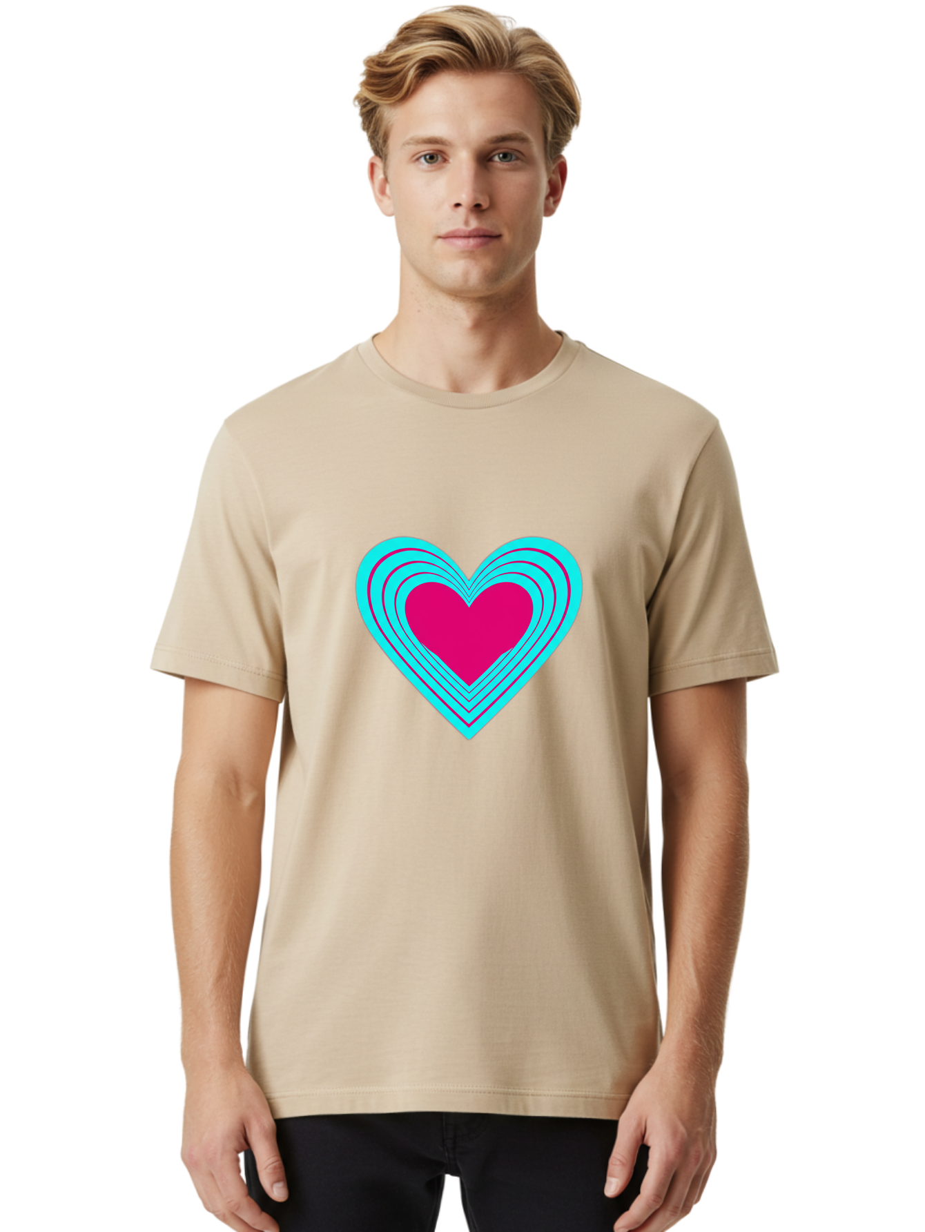 Layered-Heart Men'S Graphic Tee, 100% Cotton, Comfortable Casual Summer Wear, Machine Washable, Layered Heart, Pink And Blue Heart, Love Symbol, Valentine'S Day, Heart Shape, Digital Art, Graphic Design, Layered Effect Bae065
