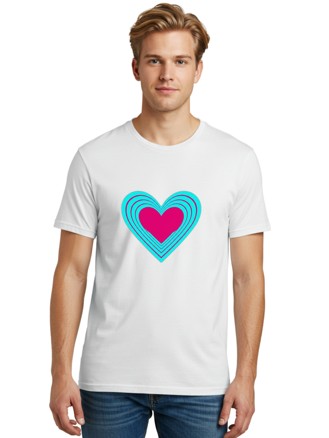 Layered-Heart Men'S Graphic Tee, 100% Cotton, Comfortable Casual Summer Wear, Machine Washable, Layered Heart, Pink And Blue Heart, Love Symbol, Valentine'S Day, Heart Shape, Digital Art, Graphic Design, Layered Effect Bae065