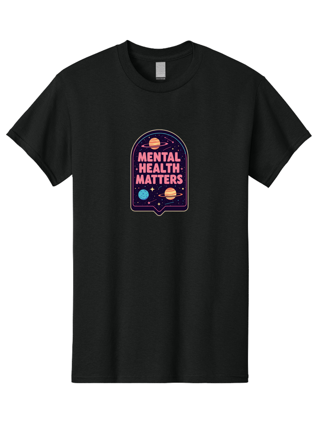 Mental-Health-Matters-4 Men'S Graphic Tee, 100% Cotton, Comfortable Casual Summer Wear, Machine Washable, Mental Health Awareness, Motivational Quote, Celestial Theme, Pink Text, Outer Space Design, Stars, Planets, Mental Wellness, Self Care, Bae069