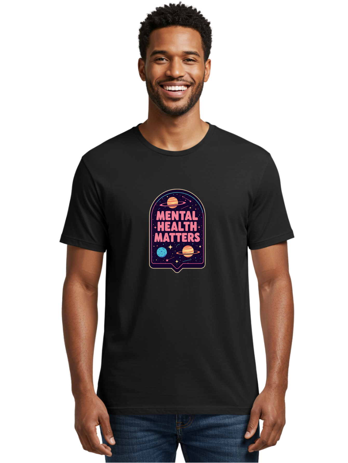 Mental-Health-Matters-4 Men'S Graphic Tee, 100% Cotton, Comfortable Casual Summer Wear, Machine Washable, Mental Health Awareness, Motivational Quote, Celestial Theme, Pink Text, Outer Space Design, Stars, Planets, Mental Wellness, Self Care, Bae069