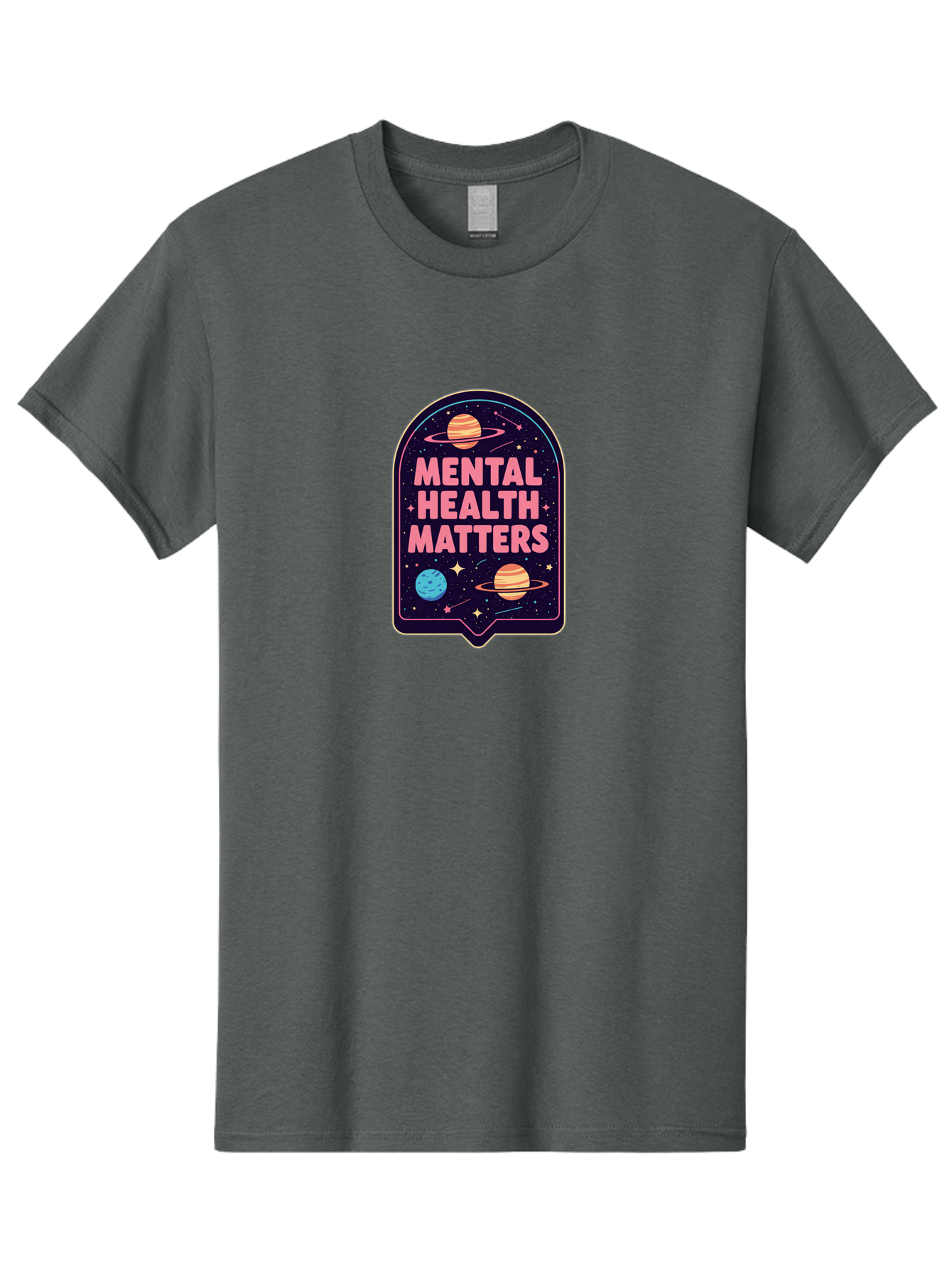 Mental-Health-Matters-4 Men'S Graphic Tee, 100% Cotton, Comfortable Casual Summer Wear, Machine Washable, Mental Health Awareness, Motivational Quote, Celestial Theme, Pink Text, Outer Space Design, Stars, Planets, Mental Wellness, Self Care, Bae069