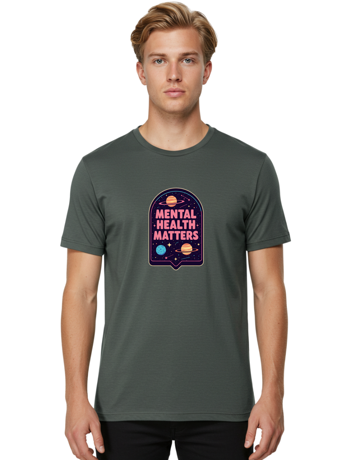 Mental-Health-Matters-4 Men'S Graphic Tee, 100% Cotton, Comfortable Casual Summer Wear, Machine Washable, Mental Health Awareness, Motivational Quote, Celestial Theme, Pink Text, Outer Space Design, Stars, Planets, Mental Wellness, Self Care, Bae069