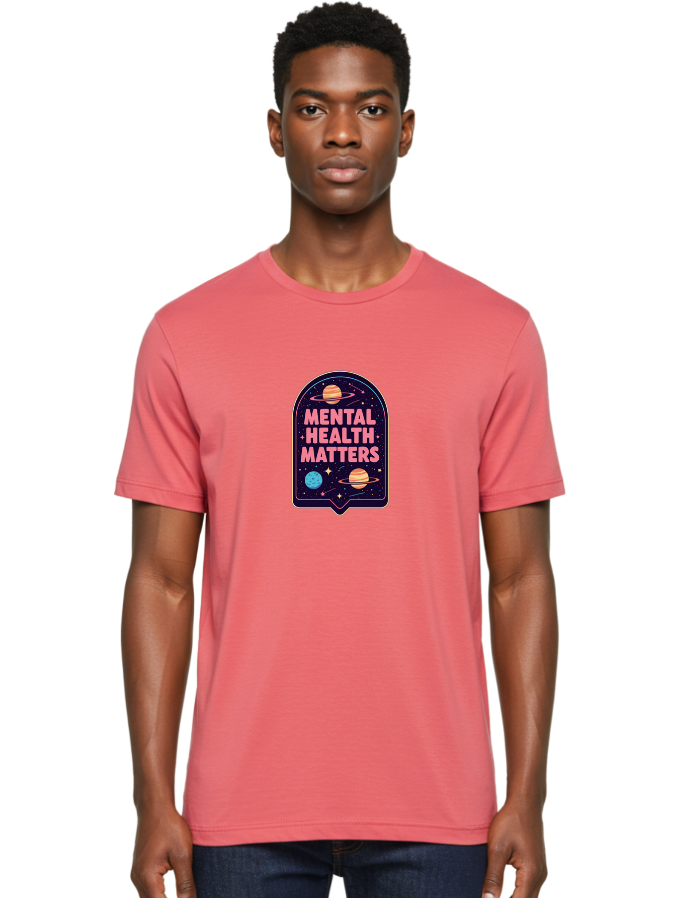 Mental-Health-Matters-4 Men'S Graphic Tee, 100% Cotton, Comfortable Casual Summer Wear, Machine Washable, Mental Health Awareness, Motivational Quote, Celestial Theme, Pink Text, Outer Space Design, Stars, Planets, Mental Wellness, Self Care, Bae069