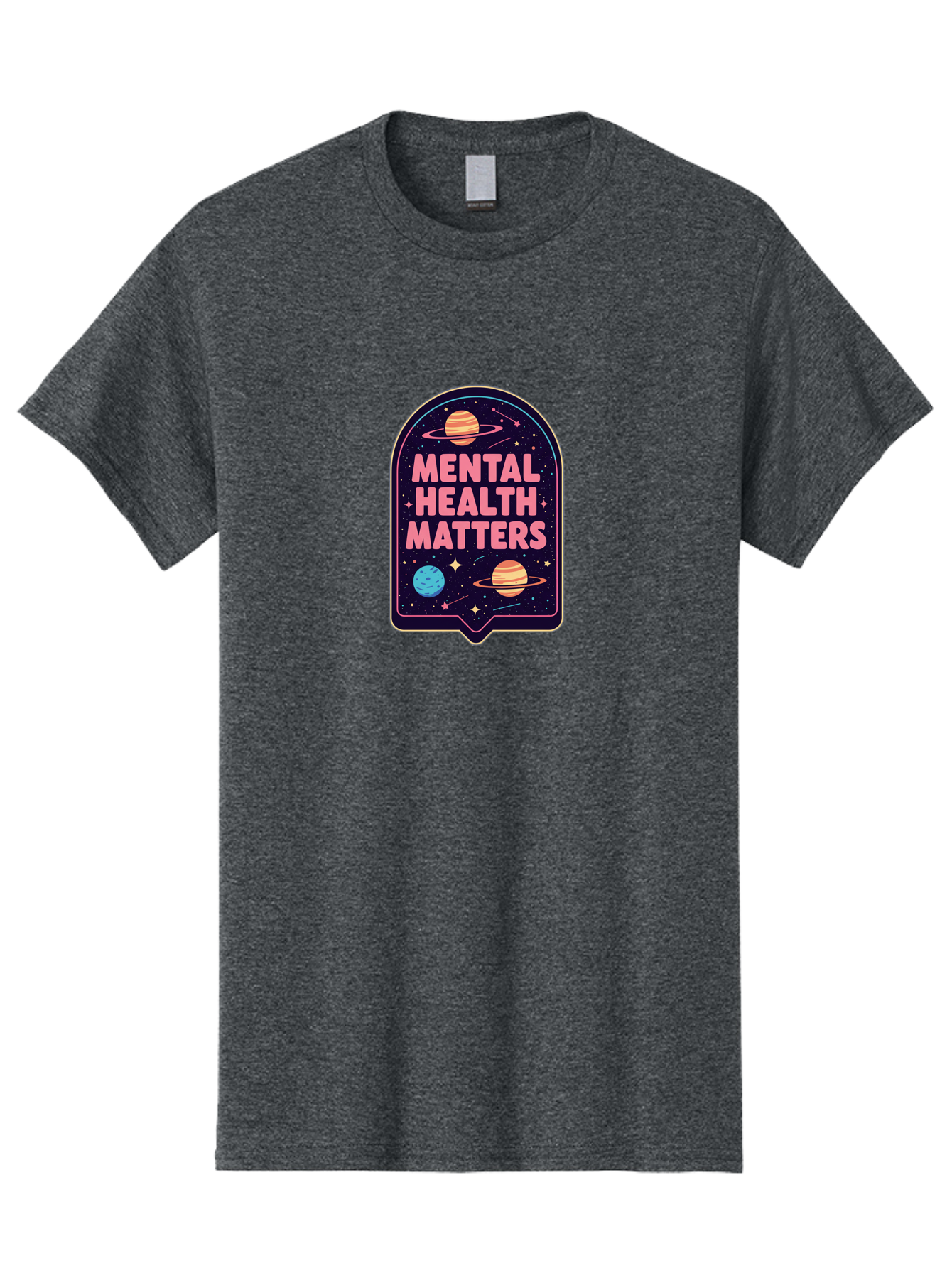 Mental-Health-Matters-4 Men'S Graphic Tee, 100% Cotton, Comfortable Casual Summer Wear, Machine Washable, Mental Health Awareness, Motivational Quote, Celestial Theme, Pink Text, Outer Space Design, Stars, Planets, Mental Wellness, Self Care, Bae069