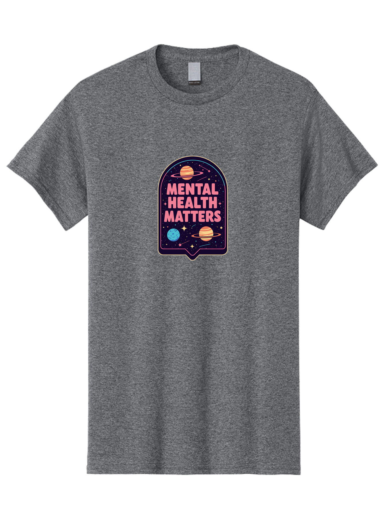 Mental-Health-Matters-4 Men'S Graphic Tee, 100% Cotton, Comfortable Casual Summer Wear, Machine Washable, Mental Health Awareness, Motivational Quote, Celestial Theme, Pink Text, Outer Space Design, Stars, Planets, Mental Wellness, Self Care, Bae069