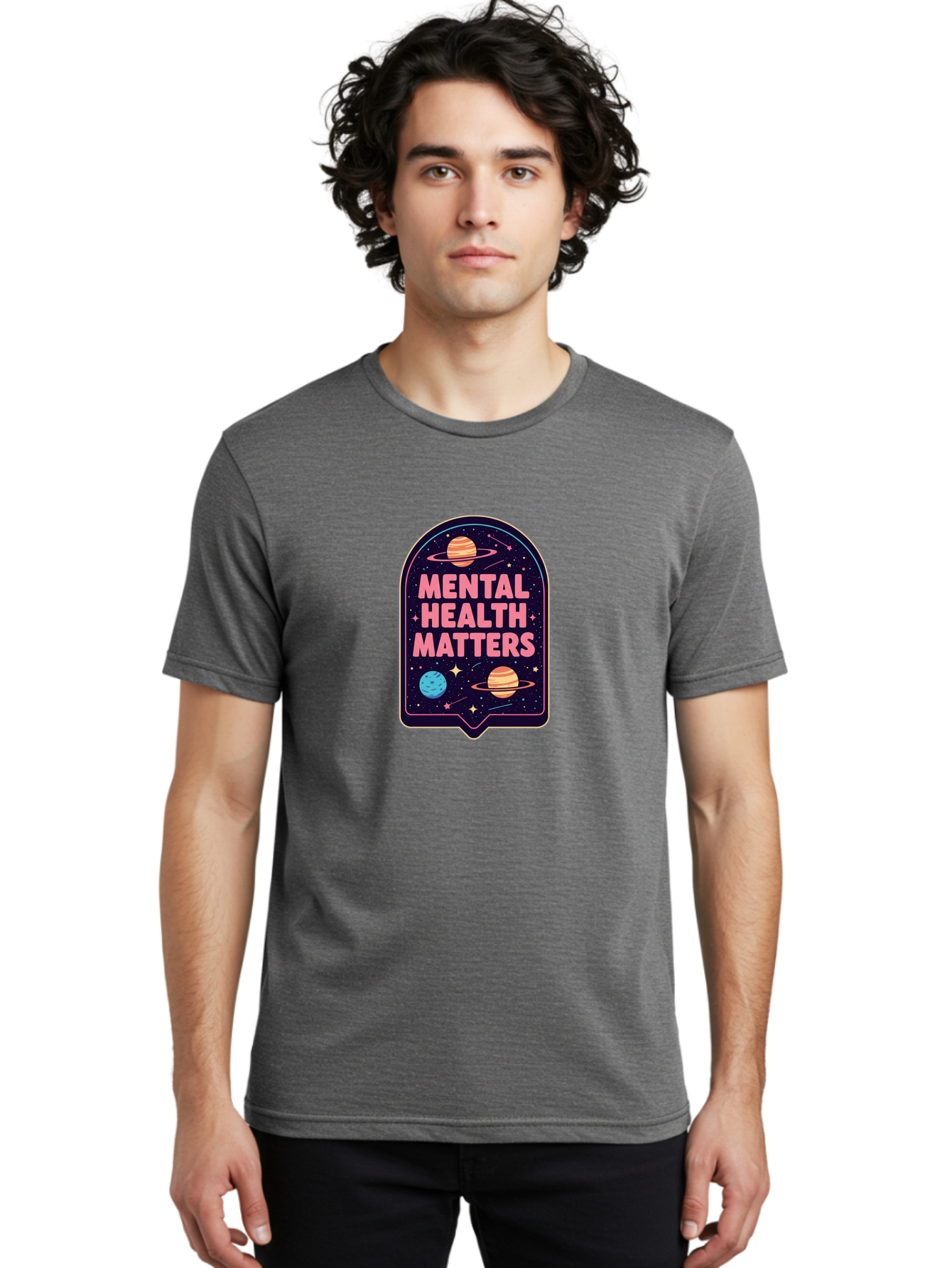 Mental-Health-Matters-4 Men'S Graphic Tee, 100% Cotton, Comfortable Casual Summer Wear, Machine Washable, Mental Health Awareness, Motivational Quote, Celestial Theme, Pink Text, Outer Space Design, Stars, Planets, Mental Wellness, Self Care, Bae069