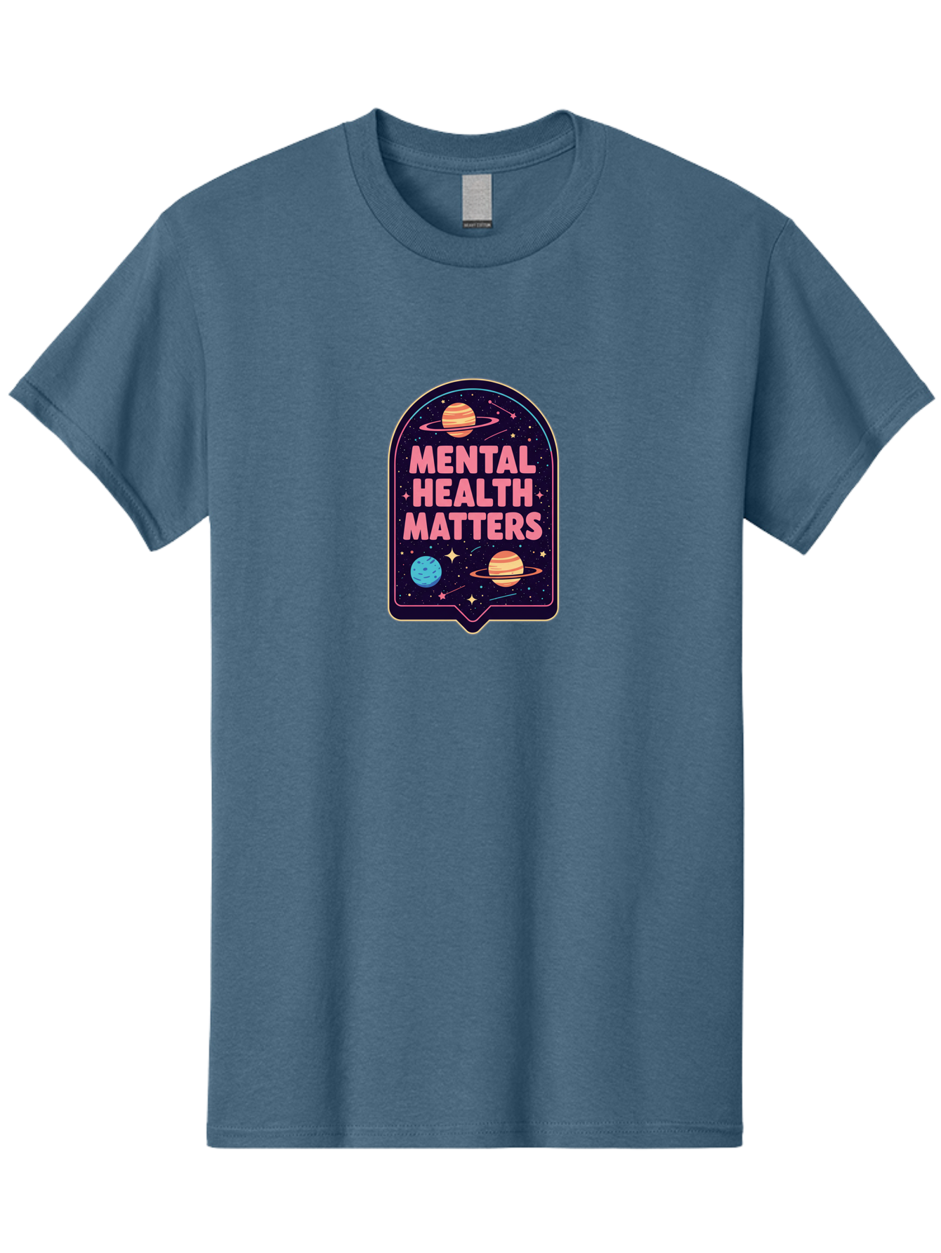 Mental-Health-Matters-4 Men'S Graphic Tee, 100% Cotton, Comfortable Casual Summer Wear, Machine Washable, Mental Health Awareness, Motivational Quote, Celestial Theme, Pink Text, Outer Space Design, Stars, Planets, Mental Wellness, Self Care, Bae069