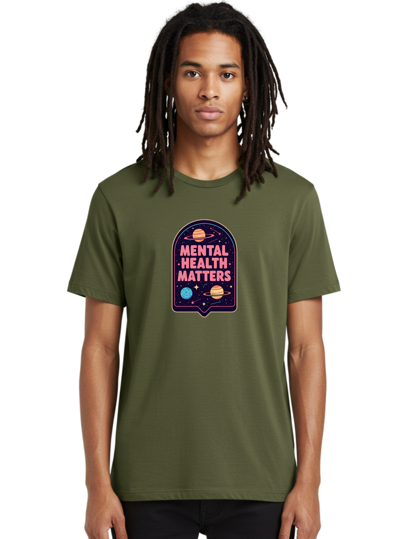 Mental-Health-Matters-4 Men'S Graphic Tee, 100% Cotton, Comfortable Casual Summer Wear, Machine Washable, Mental Health Awareness, Motivational Quote, Celestial Theme, Pink Text, Outer Space Design, Stars, Planets, Mental Wellness, Self Care, Bae069