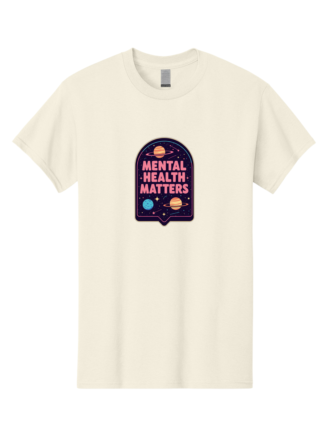 Mental-Health-Matters-4 Men'S Graphic Tee, 100% Cotton, Comfortable Casual Summer Wear, Machine Washable, Mental Health Awareness, Motivational Quote, Celestial Theme, Pink Text, Outer Space Design, Stars, Planets, Mental Wellness, Self Care, Bae069