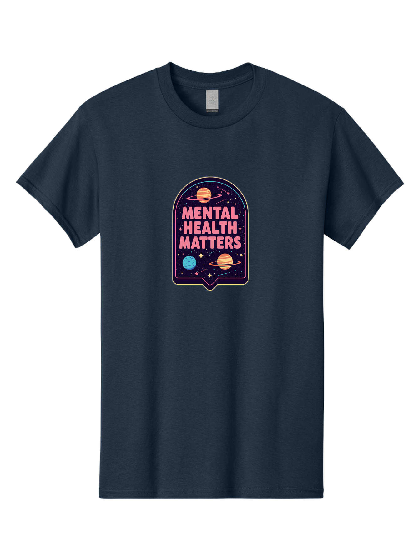 Mental-Health-Matters-4 Men'S Graphic Tee, 100% Cotton, Comfortable Casual Summer Wear, Machine Washable, Mental Health Awareness, Motivational Quote, Celestial Theme, Pink Text, Outer Space Design, Stars, Planets, Mental Wellness, Self Care, Bae069