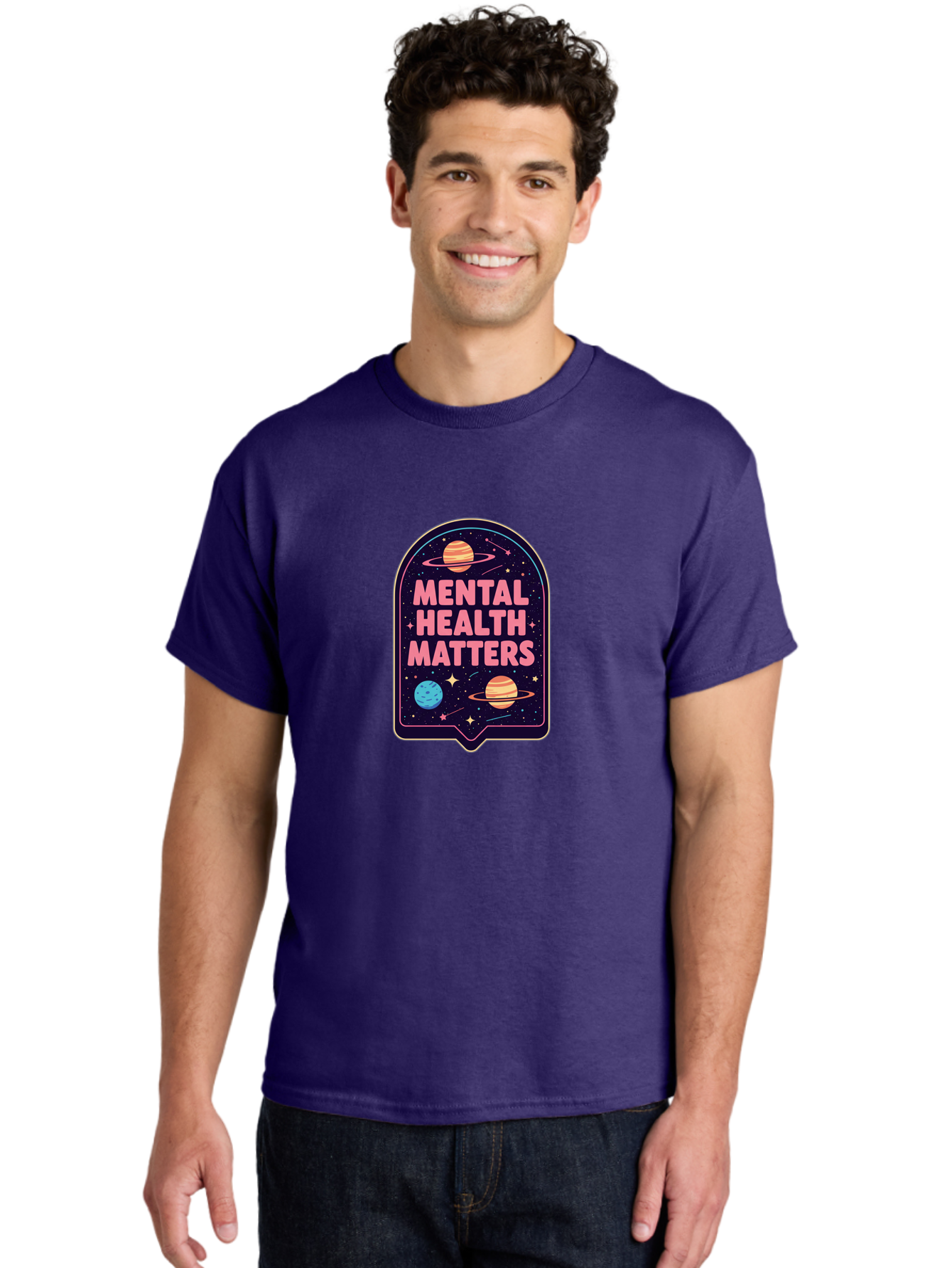 Mental-Health-Matters-4 Men'S Graphic Tee, 100% Cotton, Comfortable Casual Summer Wear, Machine Washable, Mental Health Awareness, Motivational Quote, Celestial Theme, Pink Text, Outer Space Design, Stars, Planets, Mental Wellness, Self Care, Bae069