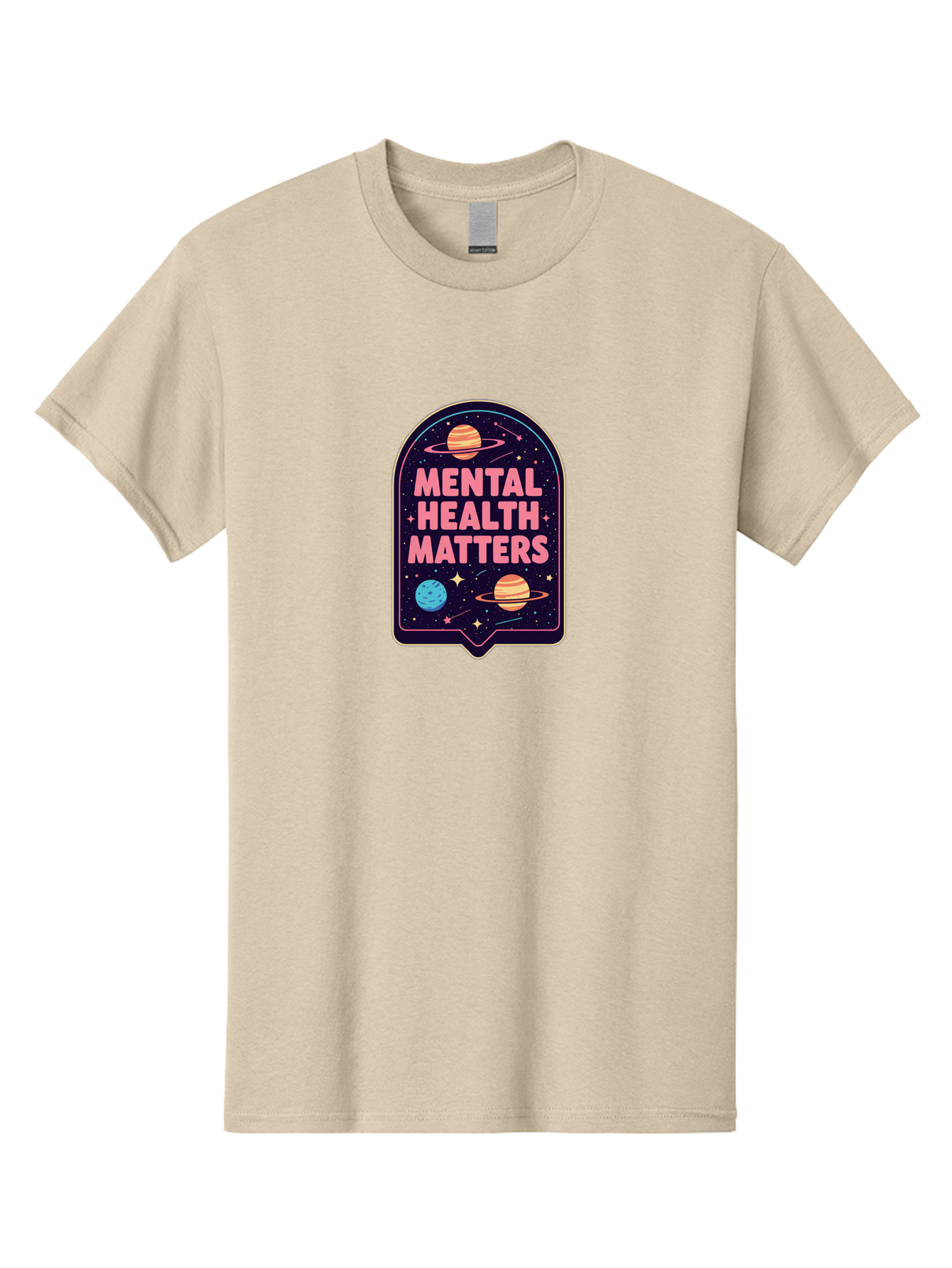 Mental-Health-Matters-4 Men'S Graphic Tee, 100% Cotton, Comfortable Casual Summer Wear, Machine Washable, Mental Health Awareness, Motivational Quote, Celestial Theme, Pink Text, Outer Space Design, Stars, Planets, Mental Wellness, Self Care, Bae069