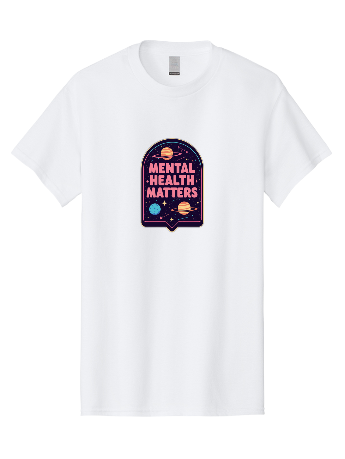 Mental-Health-Matters-4 Men'S Graphic Tee, 100% Cotton, Comfortable Casual Summer Wear, Machine Washable, Mental Health Awareness, Motivational Quote, Celestial Theme, Pink Text, Outer Space Design, Stars, Planets, Mental Wellness, Self Care, Bae069