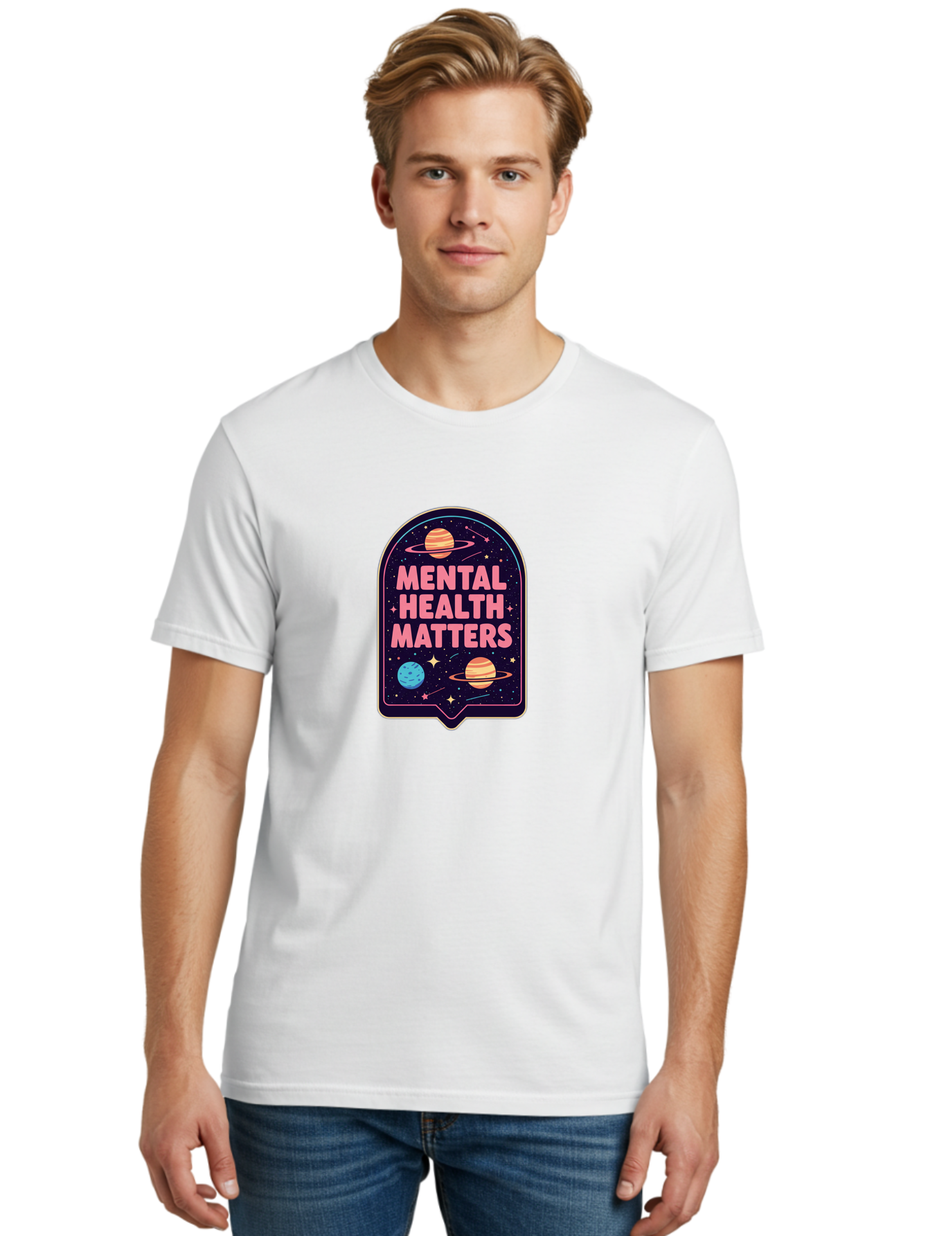 Mental-Health-Matters-4 Men'S Graphic Tee, 100% Cotton, Comfortable Casual Summer Wear, Machine Washable, Mental Health Awareness, Motivational Quote, Celestial Theme, Pink Text, Outer Space Design, Stars, Planets, Mental Wellness, Self Care, Bae069