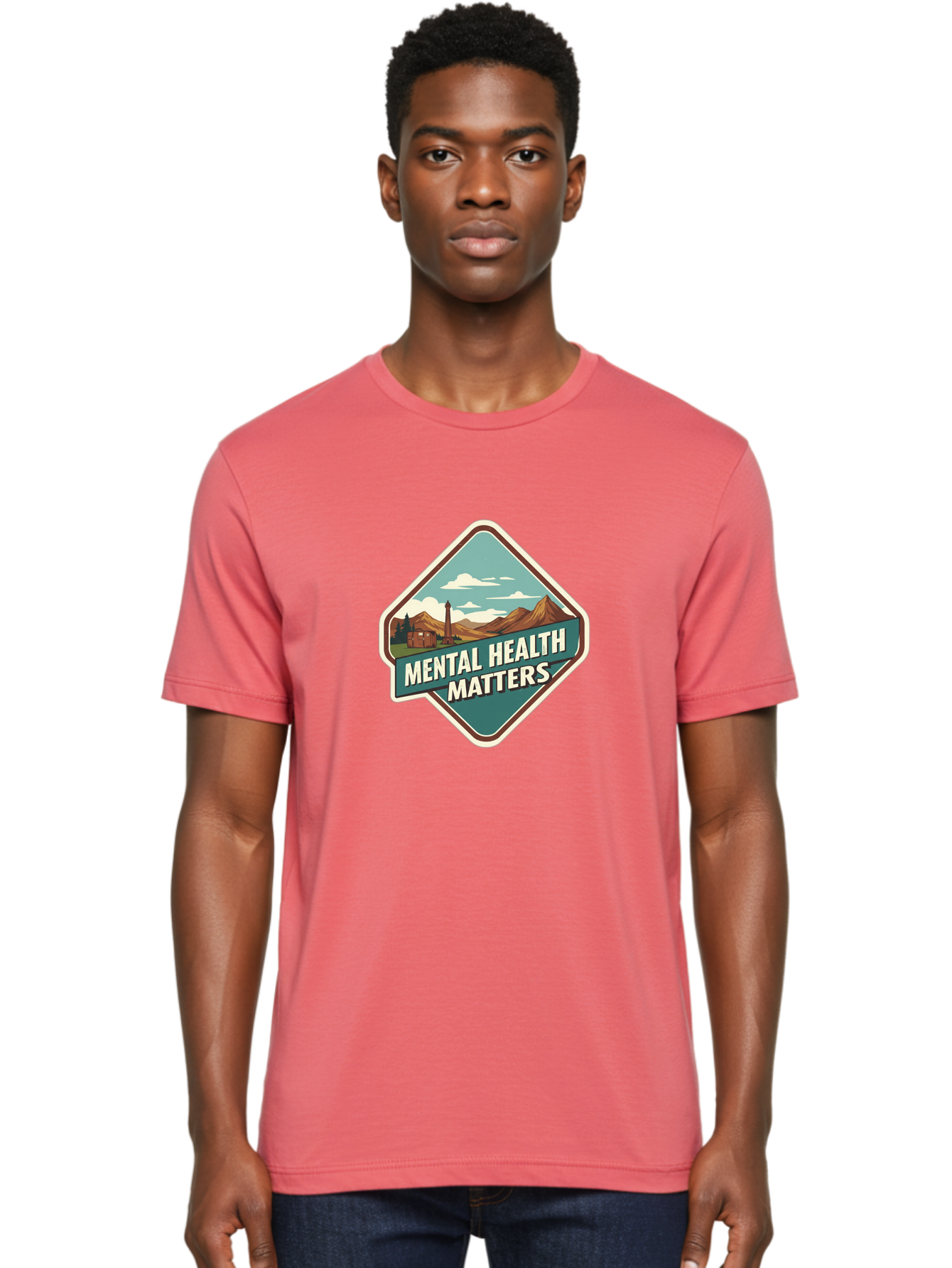 Mental-Health-Matters-5 Men'S Graphic Tee, 100% Cotton, Comfortable Casual Summer Wear, Machine Washable, Mental Health Awareness, Rural Landscape, Mountains, Cloudy Sky, Lighthouse, Mental Health Matters, Self-Care, Wellness, Mindfulness, Bae070