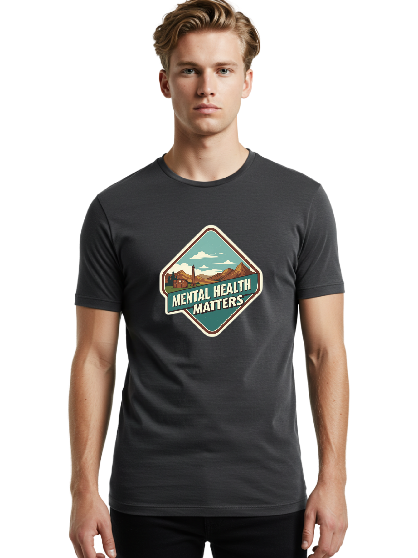 Mental-Health-Matters-5 Men'S Graphic Tee, 100% Cotton, Comfortable Casual Summer Wear, Machine Washable, Mental Health Awareness, Rural Landscape, Mountains, Cloudy Sky, Lighthouse, Mental Health Matters, Self-Care, Wellness, Mindfulness, Bae070