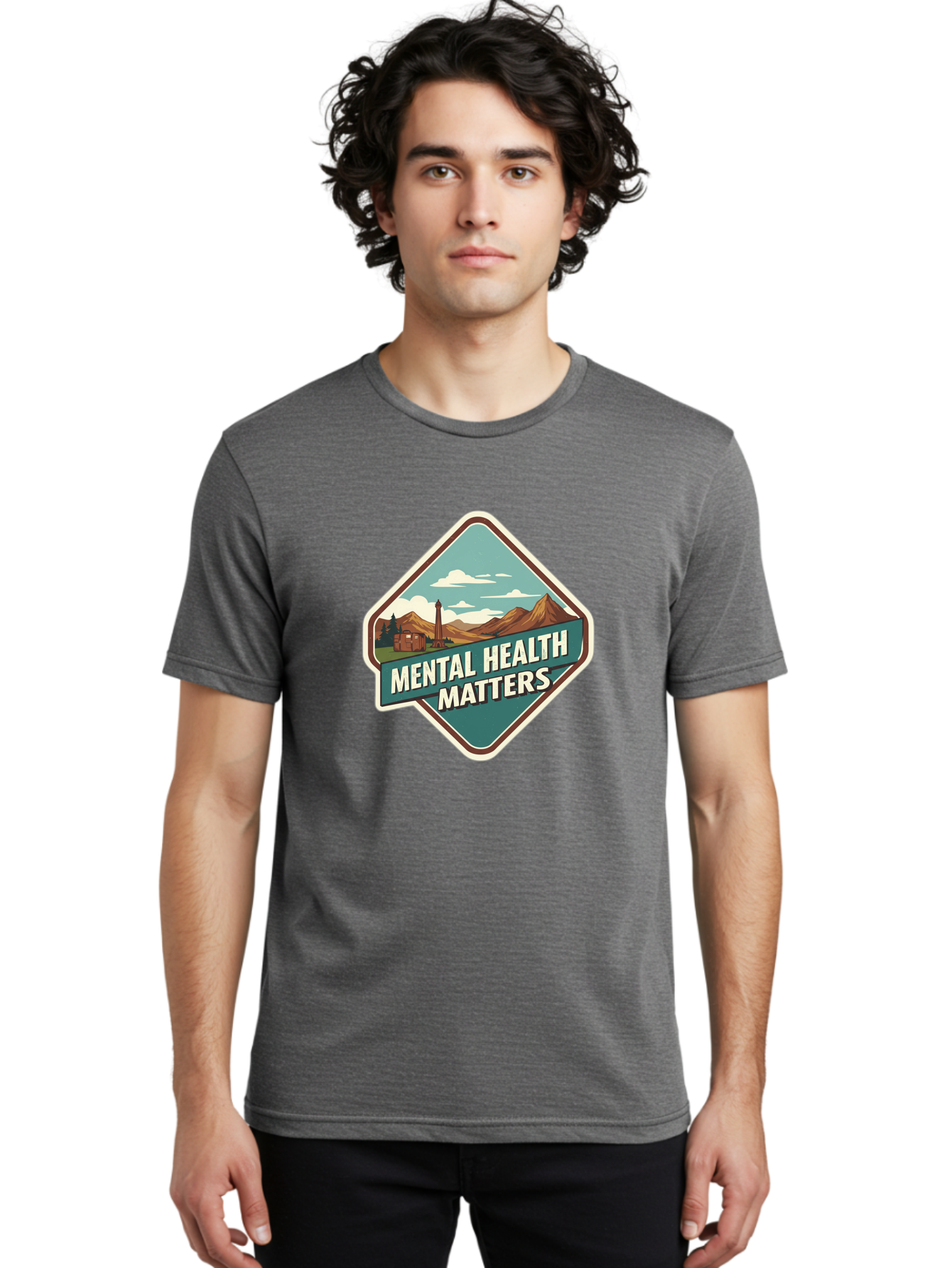 Mental-Health-Matters-5 Men'S Graphic Tee, 100% Cotton, Comfortable Casual Summer Wear, Machine Washable, Mental Health Awareness, Rural Landscape, Mountains, Cloudy Sky, Lighthouse, Mental Health Matters, Self-Care, Wellness, Mindfulness, Bae070