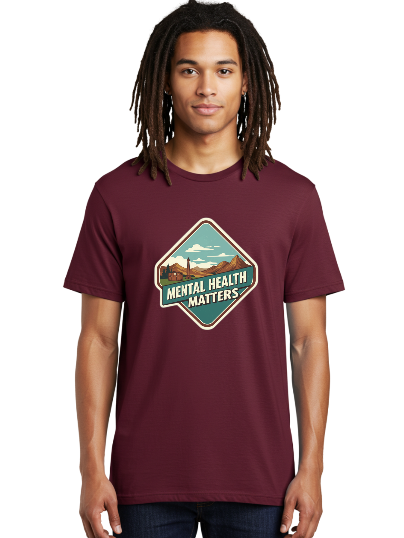 Mental-Health-Matters-5 Men'S Graphic Tee, 100% Cotton, Comfortable Casual Summer Wear, Machine Washable, Mental Health Awareness, Rural Landscape, Mountains, Cloudy Sky, Lighthouse, Mental Health Matters, Self-Care, Wellness, Mindfulness, Bae070