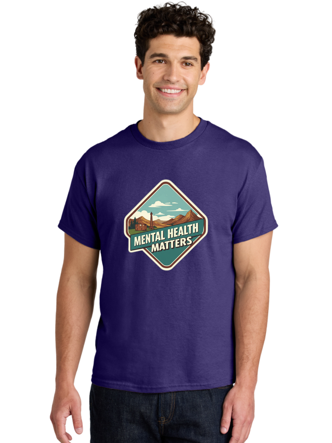 Mental-Health-Matters-5 Men'S Graphic Tee, 100% Cotton, Comfortable Casual Summer Wear, Machine Washable, Mental Health Awareness, Rural Landscape, Mountains, Cloudy Sky, Lighthouse, Mental Health Matters, Self-Care, Wellness, Mindfulness, Bae070