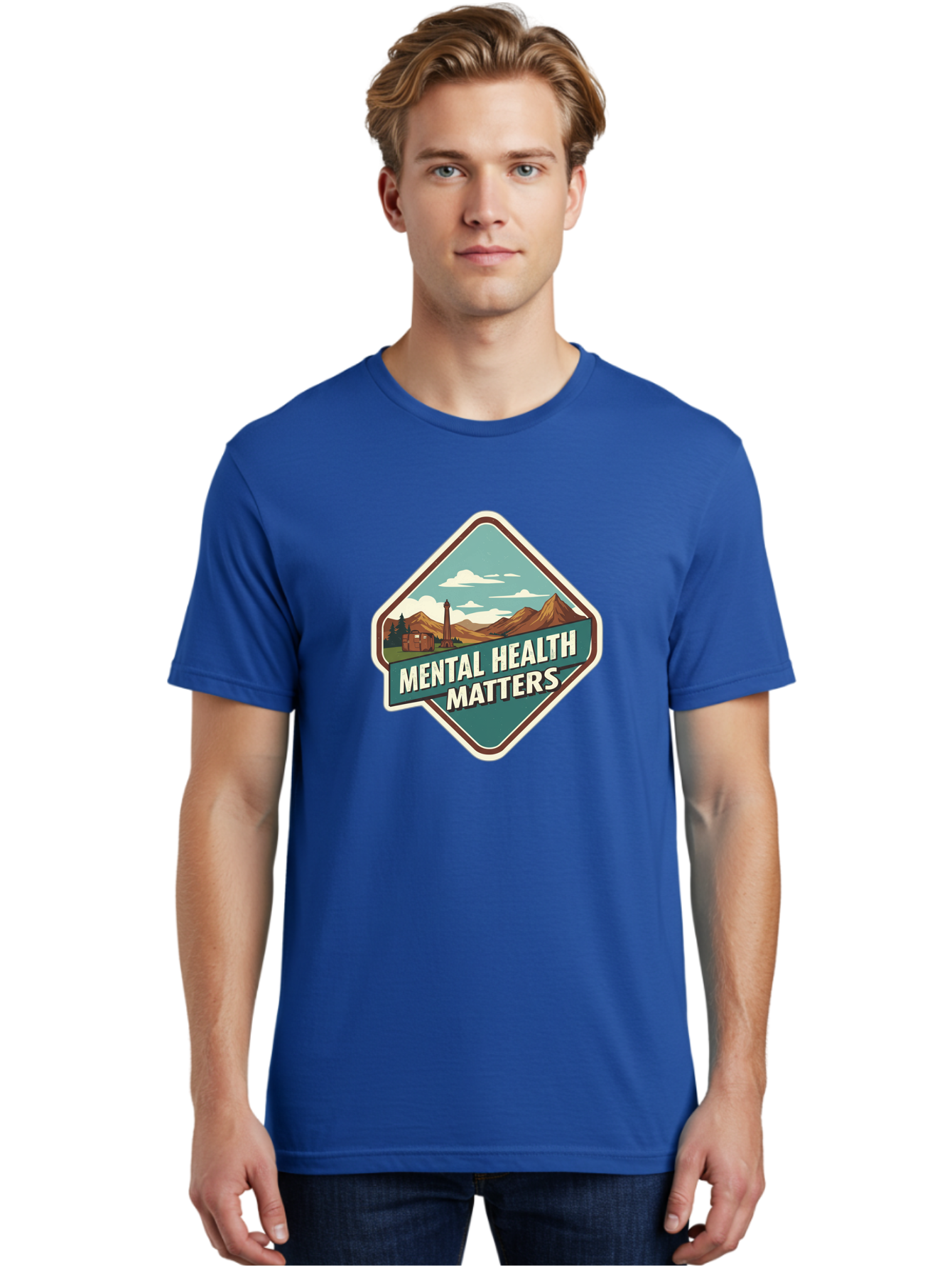 Mental-Health-Matters-5 Men'S Graphic Tee, 100% Cotton, Comfortable Casual Summer Wear, Machine Washable, Mental Health Awareness, Rural Landscape, Mountains, Cloudy Sky, Lighthouse, Mental Health Matters, Self-Care, Wellness, Mindfulness, Bae070