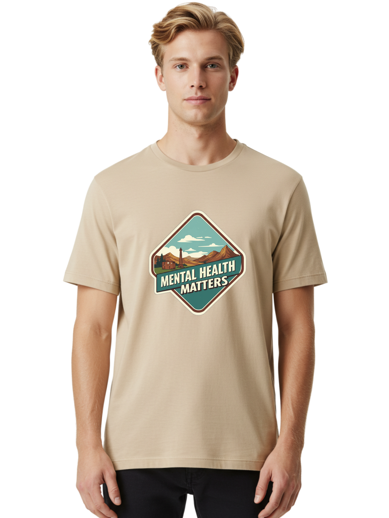 Mental-Health-Matters-5 Men'S Graphic Tee, 100% Cotton, Comfortable Casual Summer Wear, Machine Washable, Mental Health Awareness, Rural Landscape, Mountains, Cloudy Sky, Lighthouse, Mental Health Matters, Self-Care, Wellness, Mindfulness, Bae070