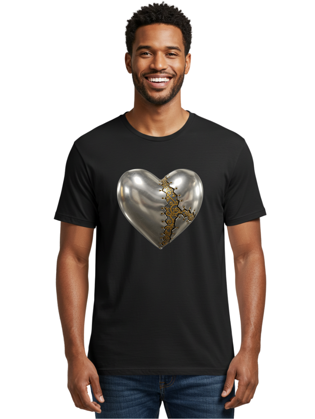 Metal-Heart Men'S Graphic Tee, 100% Cotton, Comfortable Casual Summer Wear, Machine Washable, Metallic Heart, Broken Heart, Kintsugi Repair, Golden Filigree, Cracked Heart, Heart Repair, Steampunk Heart, Metalwork Art, Heart Symbolism, Bae072