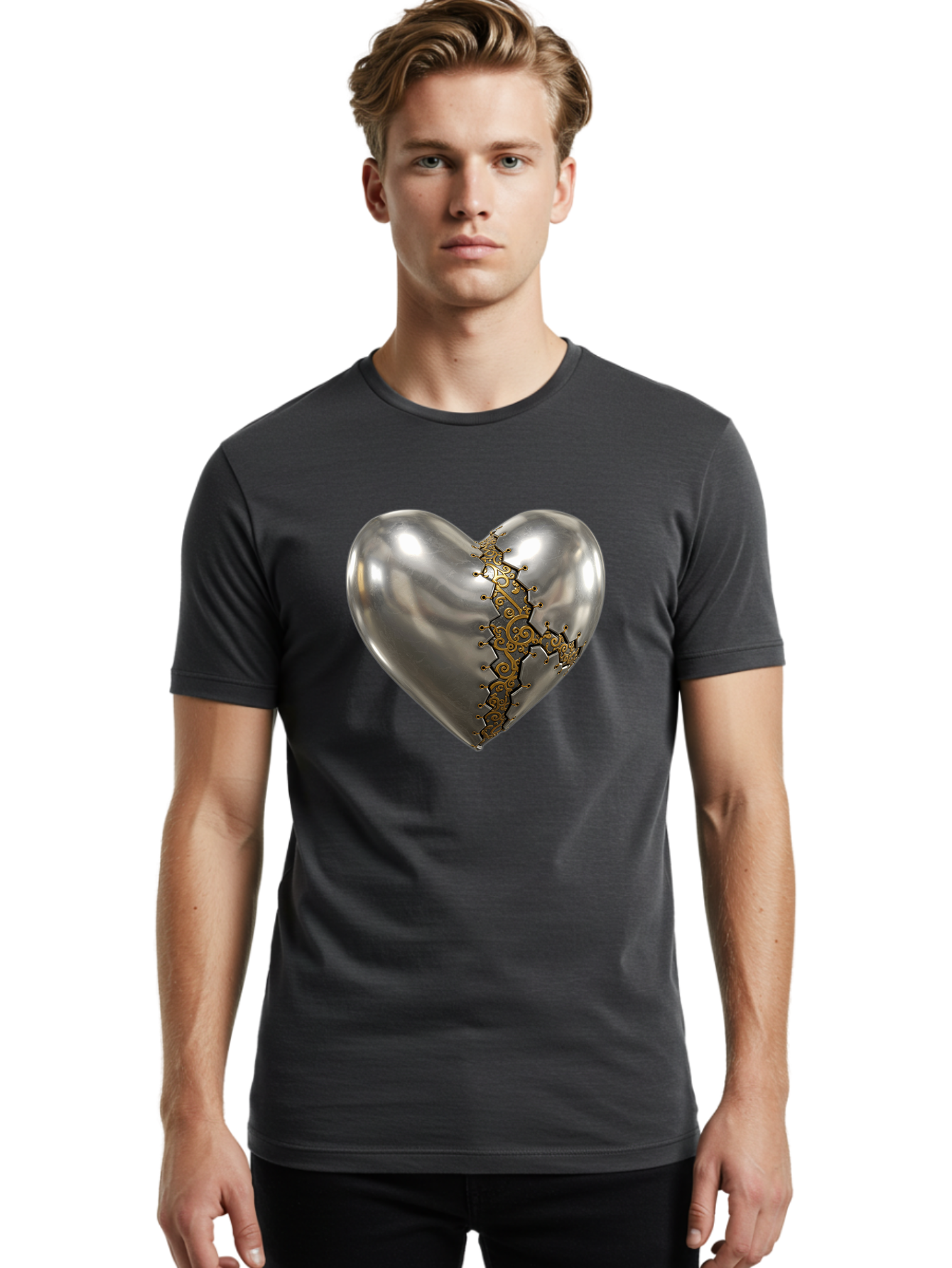 Metal-Heart Men'S Graphic Tee, 100% Cotton, Comfortable Casual Summer Wear, Machine Washable, Metallic Heart, Broken Heart, Kintsugi Repair, Golden Filigree, Cracked Heart, Heart Repair, Steampunk Heart, Metalwork Art, Heart Symbolism, Bae072