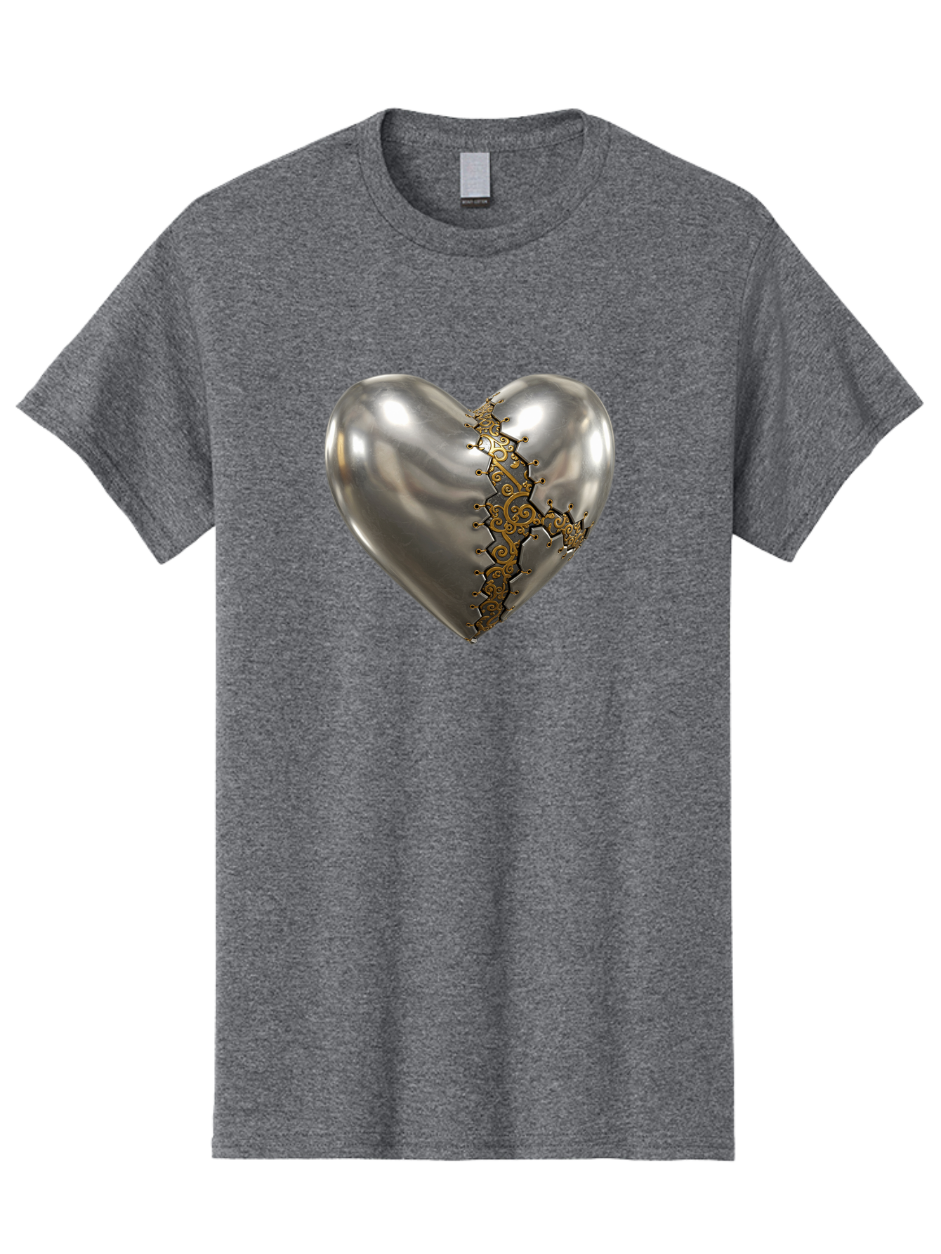 Metal-Heart Men'S Graphic Tee, 100% Cotton, Comfortable Casual Summer Wear, Machine Washable, Metallic Heart, Broken Heart, Kintsugi Repair, Golden Filigree, Cracked Heart, Heart Repair, Steampunk Heart, Metalwork Art, Heart Symbolism, Bae072
