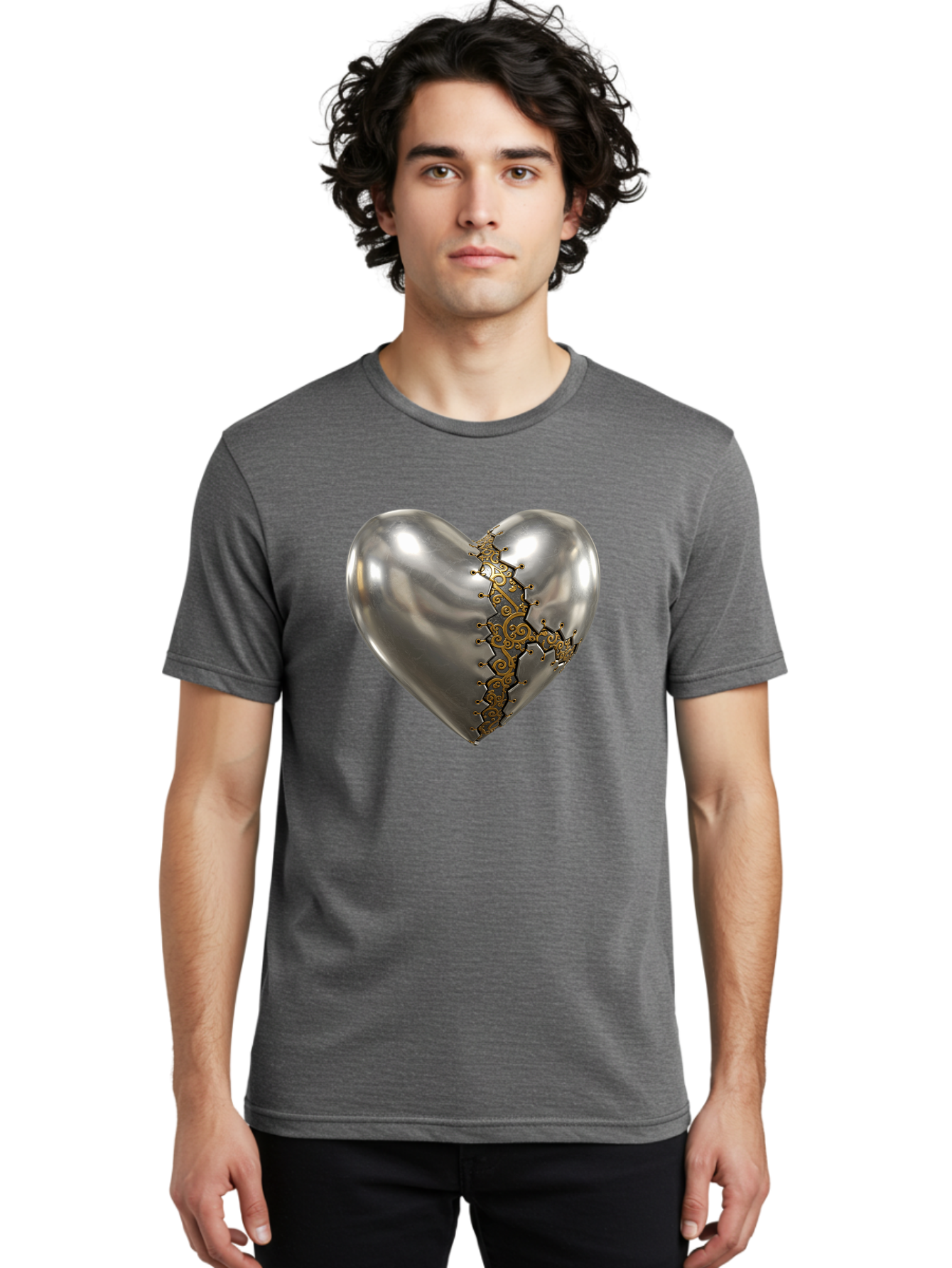 Metal-Heart Men'S Graphic Tee, 100% Cotton, Comfortable Casual Summer Wear, Machine Washable, Metallic Heart, Broken Heart, Kintsugi Repair, Golden Filigree, Cracked Heart, Heart Repair, Steampunk Heart, Metalwork Art, Heart Symbolism, Bae072