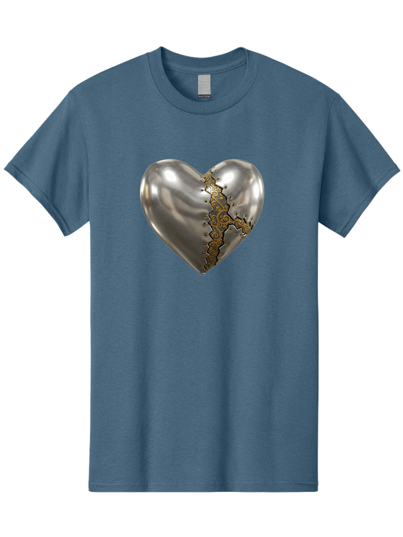 Metal-Heart Men'S Graphic Tee, 100% Cotton, Comfortable Casual Summer Wear, Machine Washable, Metallic Heart, Broken Heart, Kintsugi Repair, Golden Filigree, Cracked Heart, Heart Repair, Steampunk Heart, Metalwork Art, Heart Symbolism, Bae072