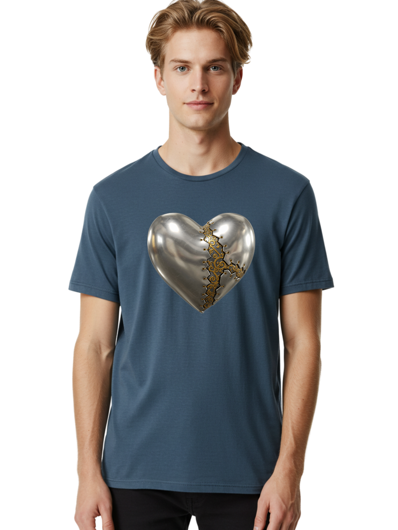 Metal-Heart Men'S Graphic Tee, 100% Cotton, Comfortable Casual Summer Wear, Machine Washable, Metallic Heart, Broken Heart, Kintsugi Repair, Golden Filigree, Cracked Heart, Heart Repair, Steampunk Heart, Metalwork Art, Heart Symbolism, Bae072