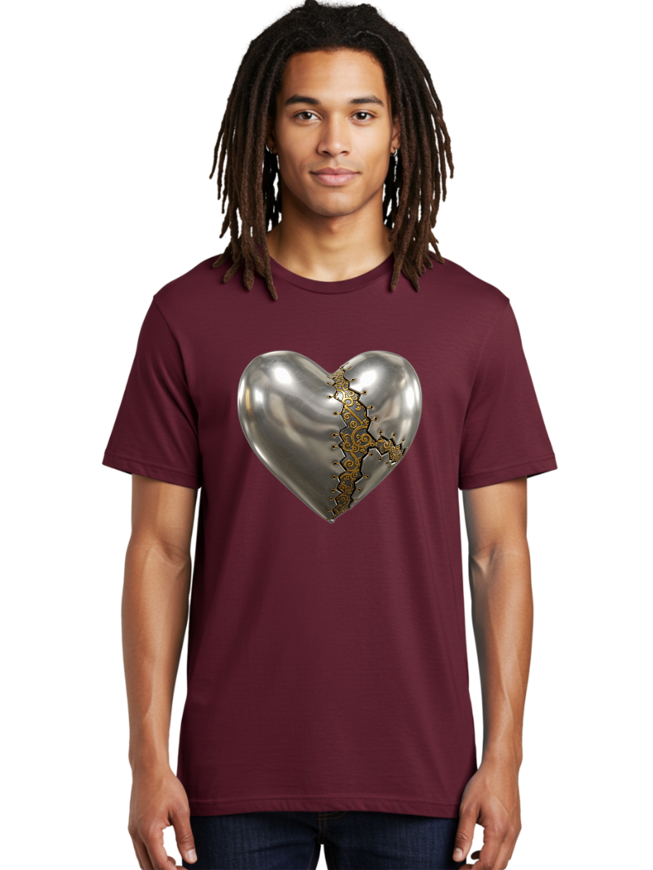 Metal-Heart Men'S Graphic Tee, 100% Cotton, Comfortable Casual Summer Wear, Machine Washable, Metallic Heart, Broken Heart, Kintsugi Repair, Golden Filigree, Cracked Heart, Heart Repair, Steampunk Heart, Metalwork Art, Heart Symbolism, Bae072