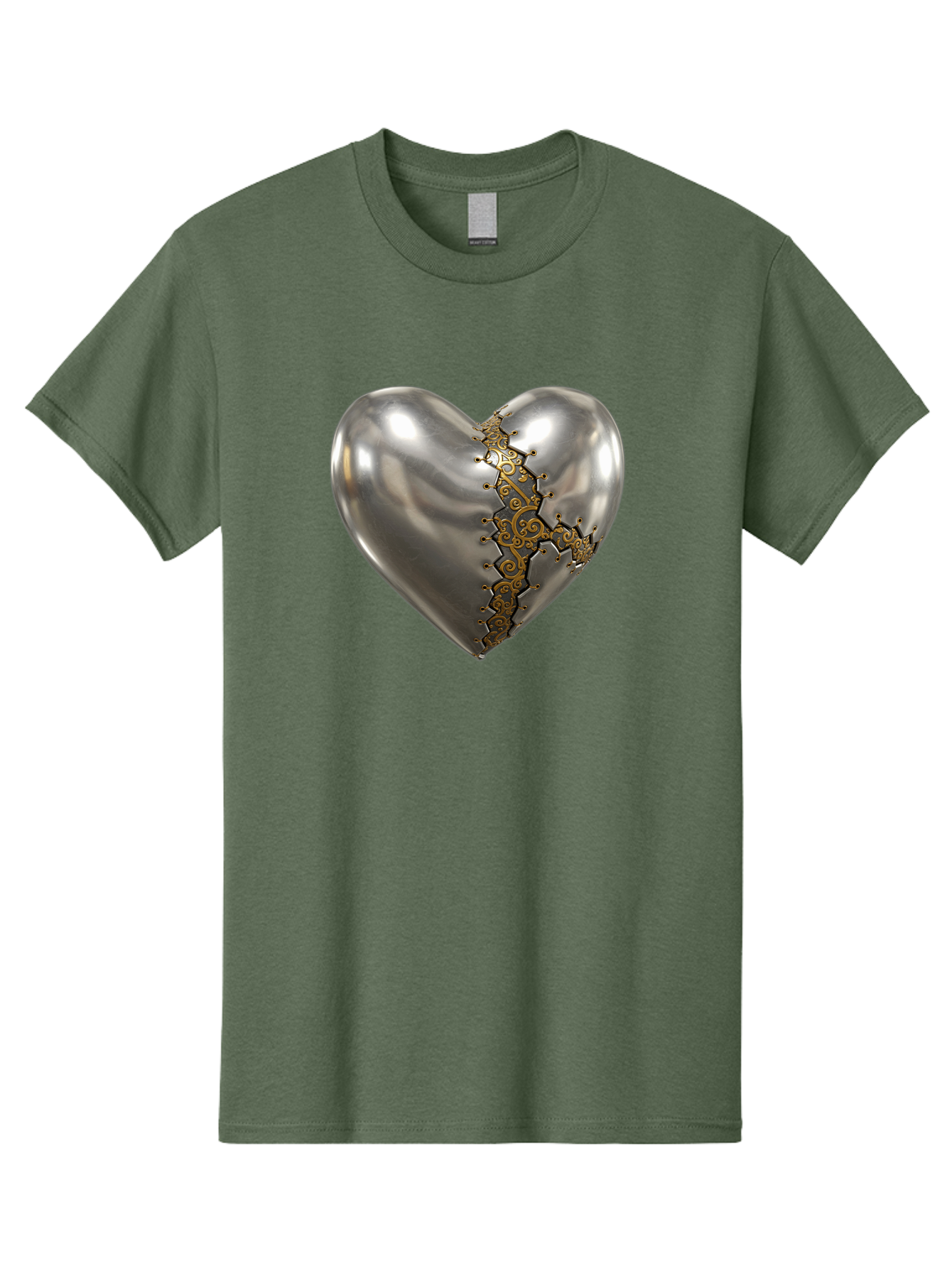 Metal-Heart Men'S Graphic Tee, 100% Cotton, Comfortable Casual Summer Wear, Machine Washable, Metallic Heart, Broken Heart, Kintsugi Repair, Golden Filigree, Cracked Heart, Heart Repair, Steampunk Heart, Metalwork Art, Heart Symbolism, Bae072