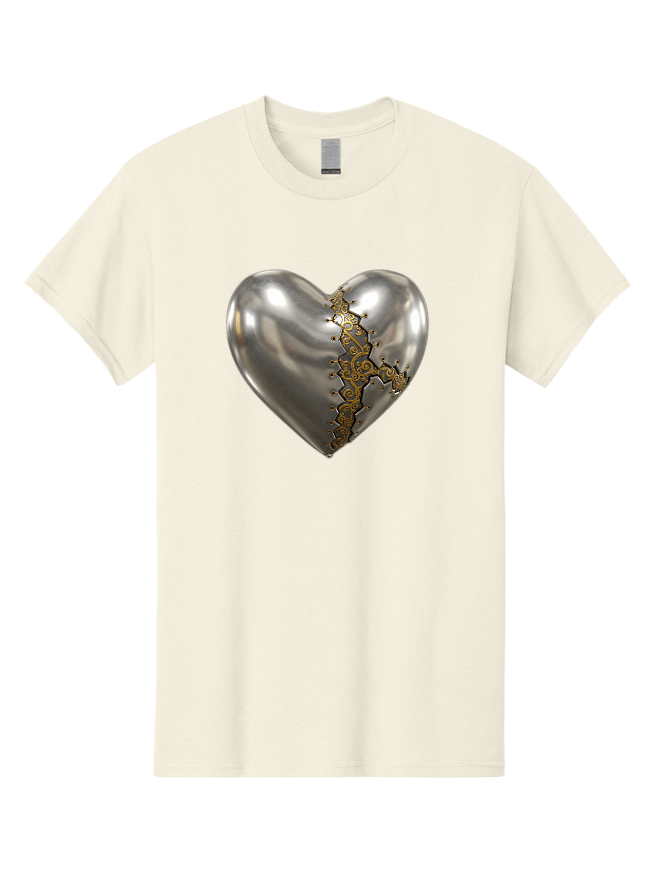 Metal-Heart Men'S Graphic Tee, 100% Cotton, Comfortable Casual Summer Wear, Machine Washable, Metallic Heart, Broken Heart, Kintsugi Repair, Golden Filigree, Cracked Heart, Heart Repair, Steampunk Heart, Metalwork Art, Heart Symbolism, Bae072