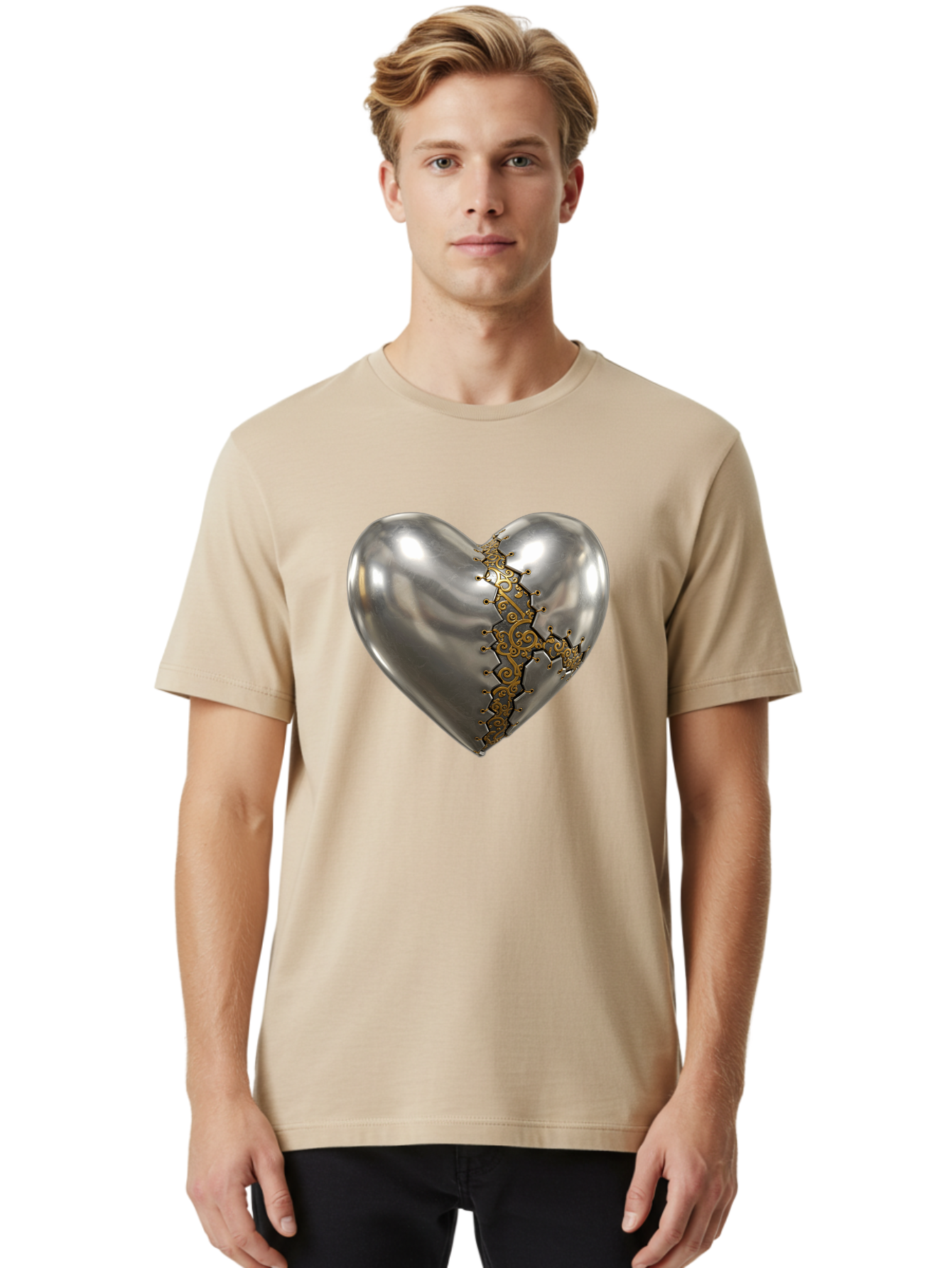 Metal-Heart Men'S Graphic Tee, 100% Cotton, Comfortable Casual Summer Wear, Machine Washable, Metallic Heart, Broken Heart, Kintsugi Repair, Golden Filigree, Cracked Heart, Heart Repair, Steampunk Heart, Metalwork Art, Heart Symbolism, Bae072