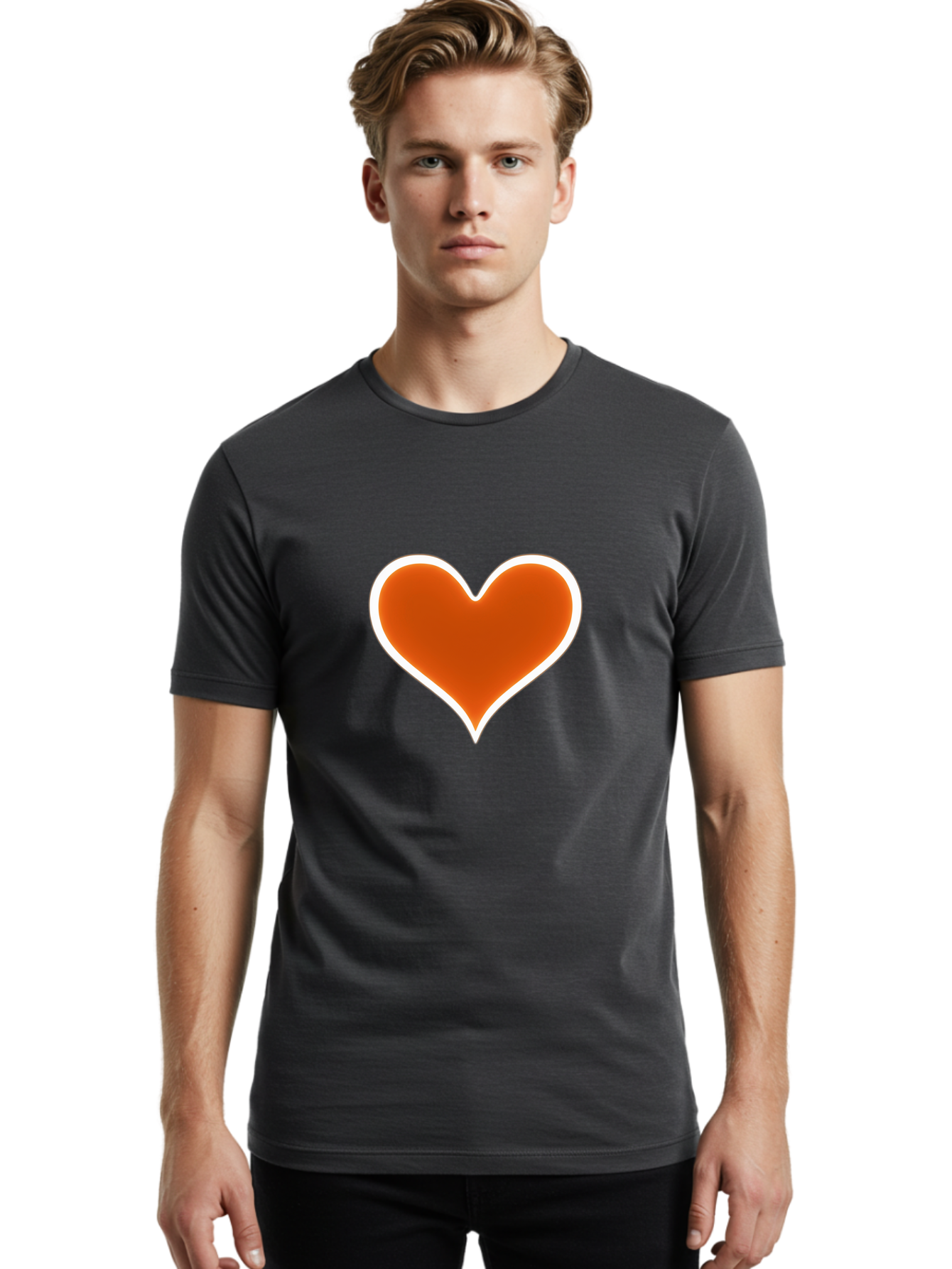 Orange-Heart Men'S Graphic Tee, 100% Cotton, Comfortable Casual Summer Wear, Machine Washable, Orange Heart Symbol, Love Icon, Heart Shape, White Outline, Love Sign, Heart Illustration, Orange Color, Heart Graphic Bae073