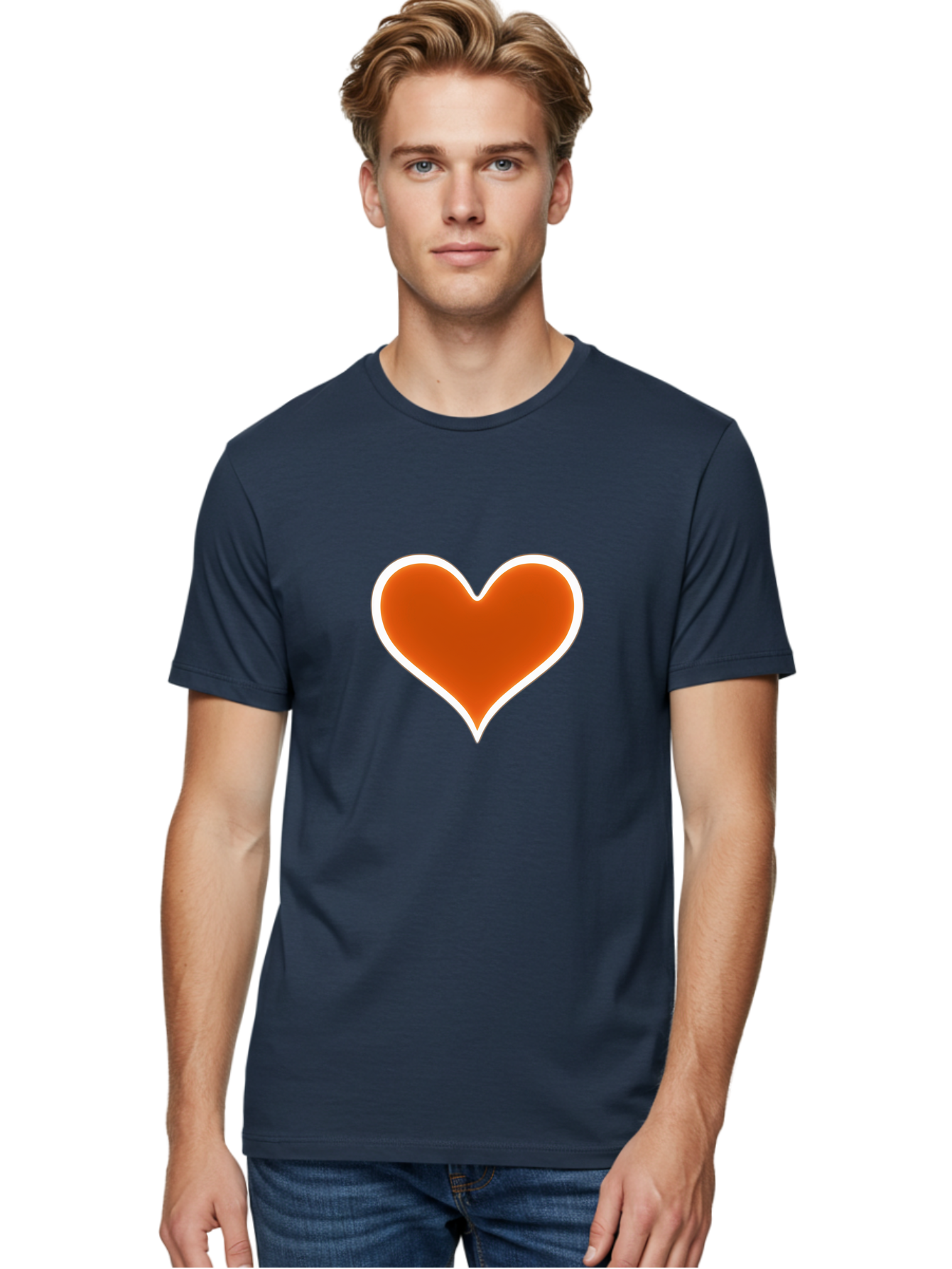 Orange-Heart Men'S Graphic Tee, 100% Cotton, Comfortable Casual Summer Wear, Machine Washable, Orange Heart Symbol, Love Icon, Heart Shape, White Outline, Love Sign, Heart Illustration, Orange Color, Heart Graphic Bae073