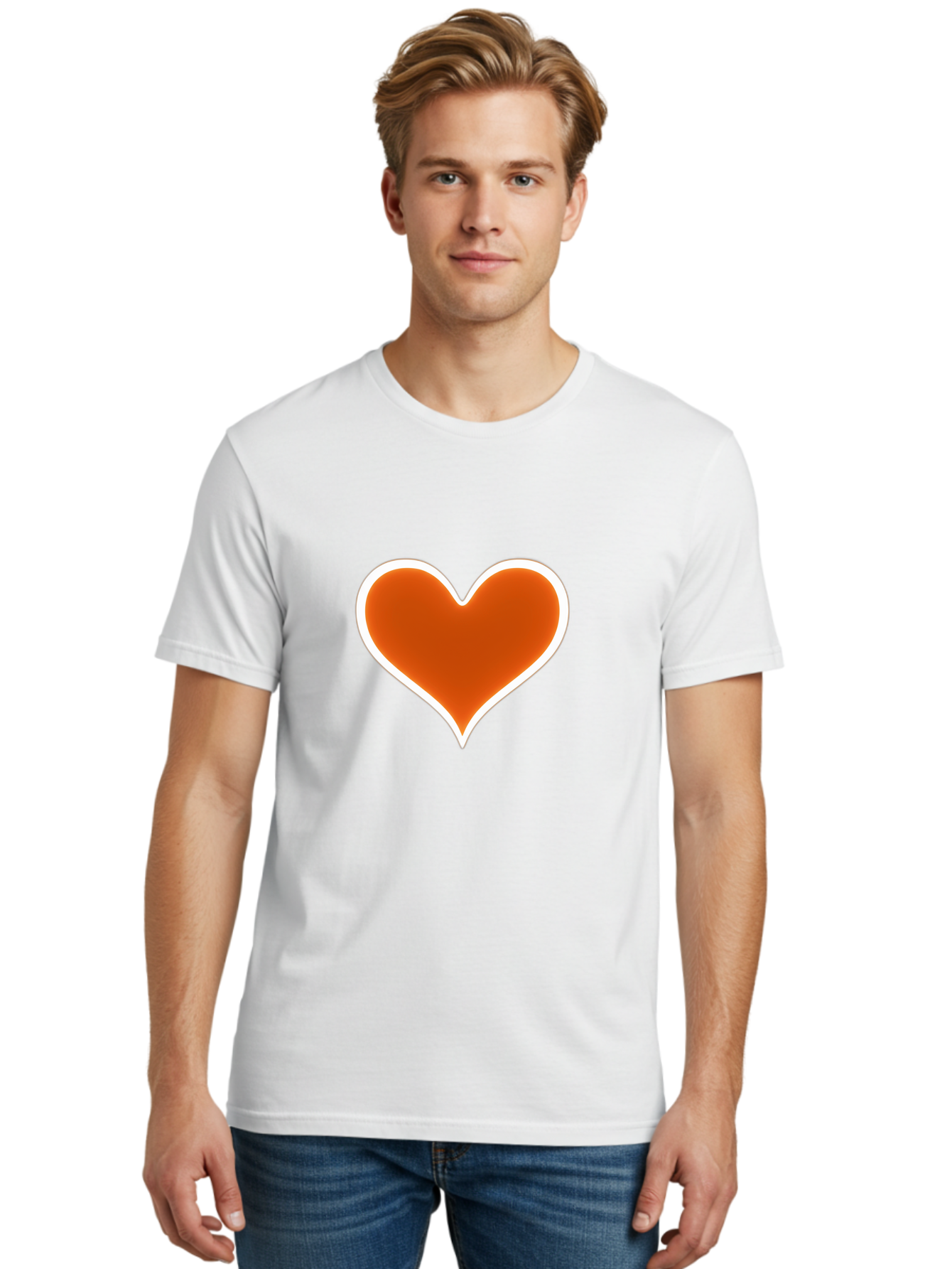 Orange-Heart Men'S Graphic Tee, 100% Cotton, Comfortable Casual Summer Wear, Machine Washable, Orange Heart Symbol, Love Icon, Heart Shape, White Outline, Love Sign, Heart Illustration, Orange Color, Heart Graphic Bae073