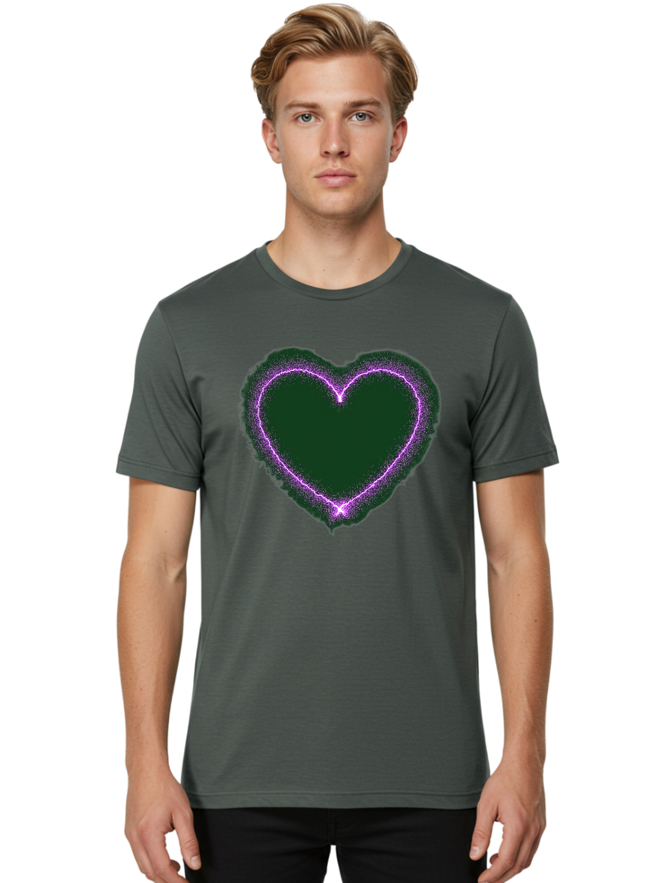 Purple-Heart-1 Men'S Graphic Tee, 100% Cotton, Comfortable Casual Summer Wear, Machine Washable, Purple Heart Shape, Neon Light, Glowing Heart, Love Symbol, Romantic Gesture, Vibrant Purple, Heart Outline, Sparkles, Festive Design, Bae074